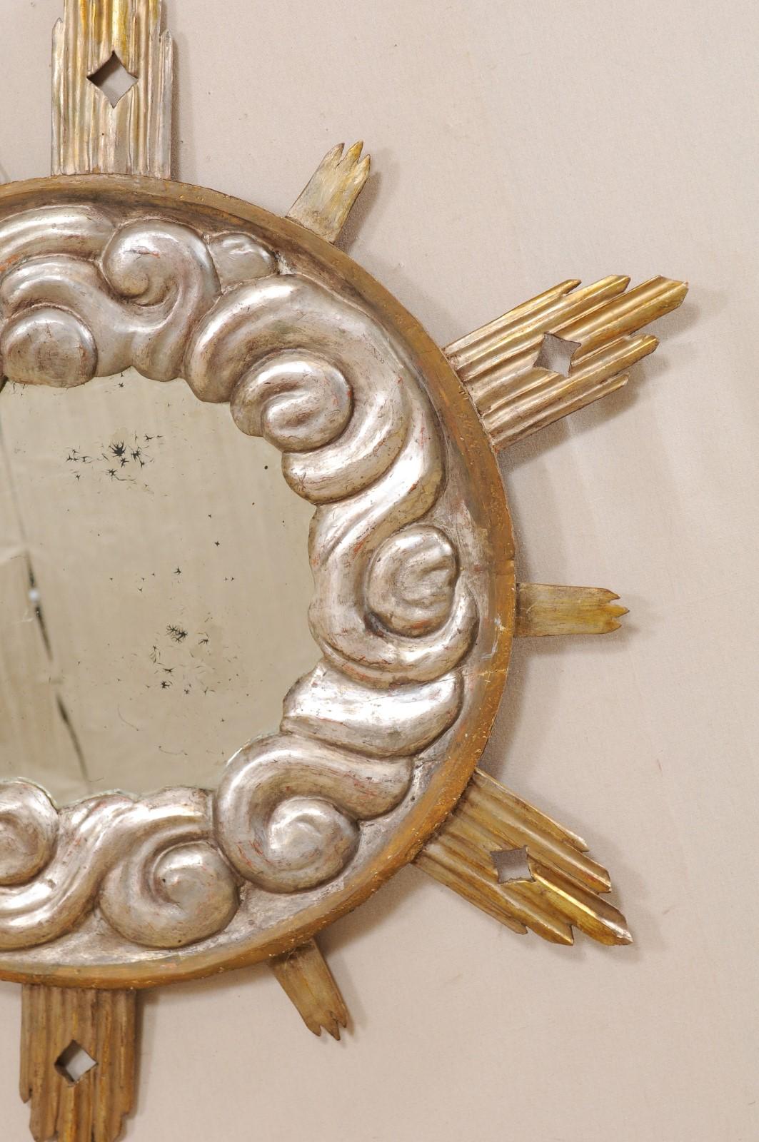 Italian 4 Ft Tall Cloudy Ray Sunburst Mirror in Gold & Silver, 19th Century 3