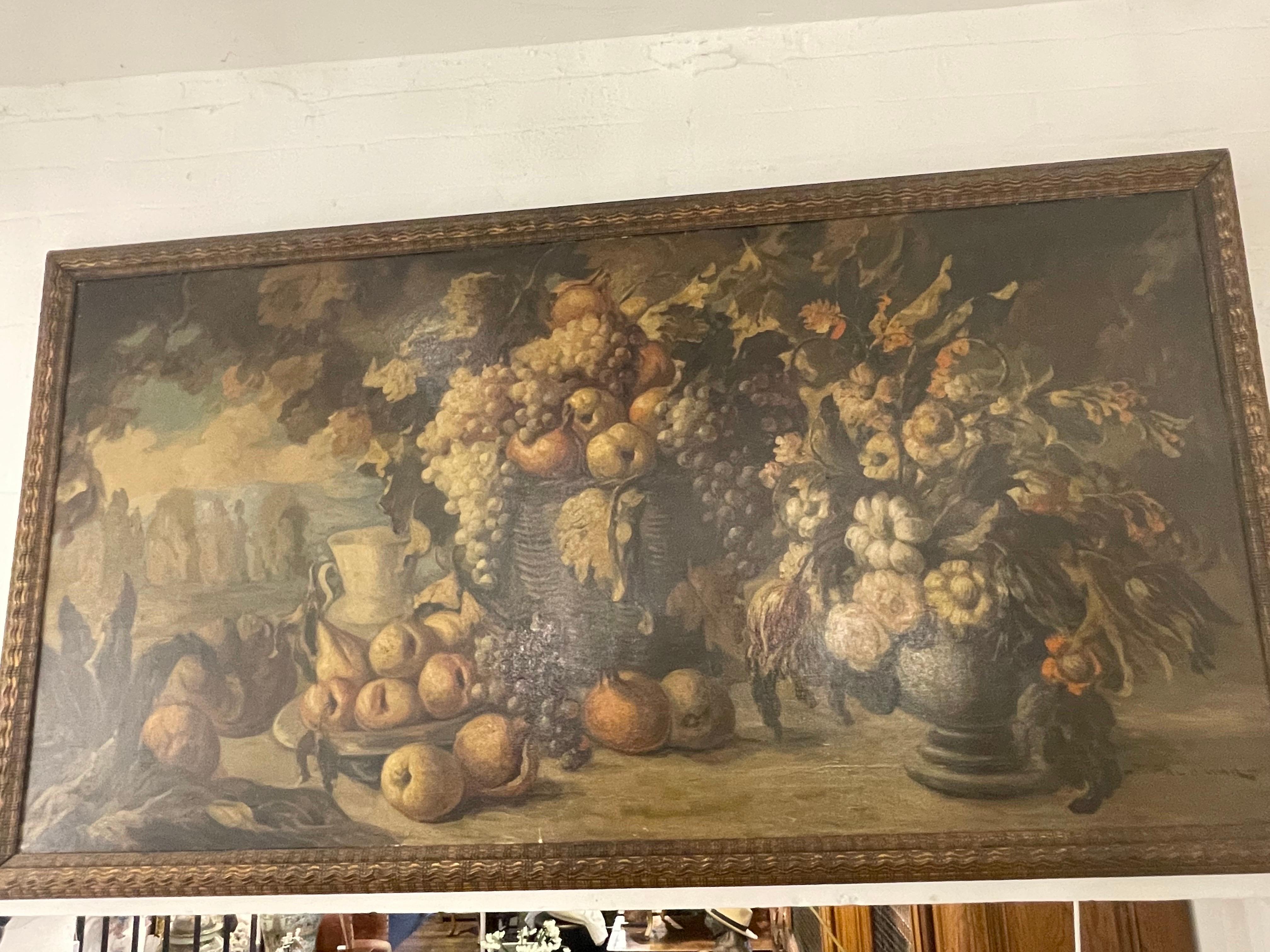 Nature morte italienne de la fin du XIXe siècle et du début du XXe siècle avec structure en bois sculpté

Signé AT&T dans le coin droit 

Hauteur : 89 cm Largeur : 166 cm Profondeur : 4 cm.

Provenance : Collection privée de Victoria, acquise dans