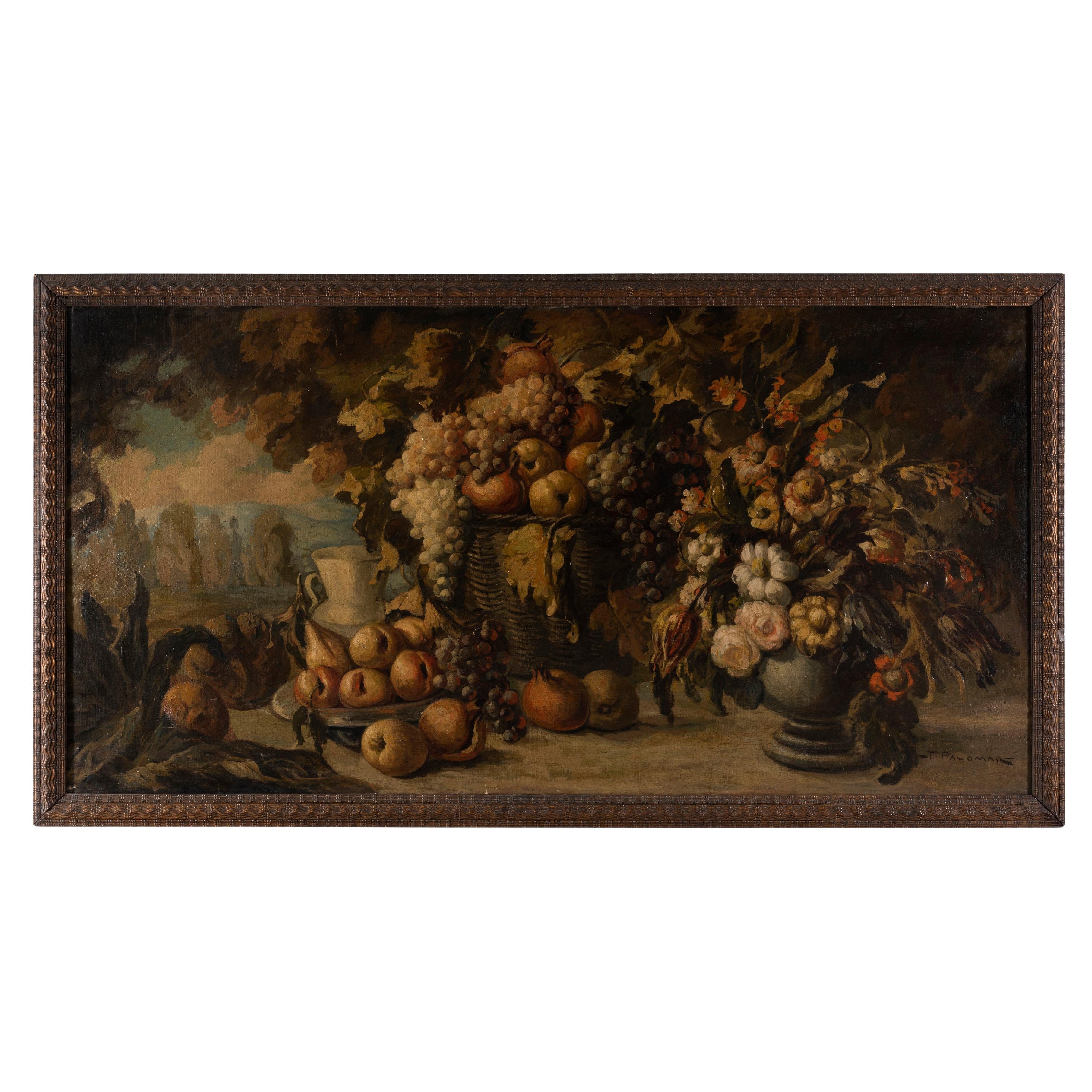 Ein italienisches Stillleben des späten 19. und frühen 20. Jahrhunderts mit geschnitztem Holzrahmen