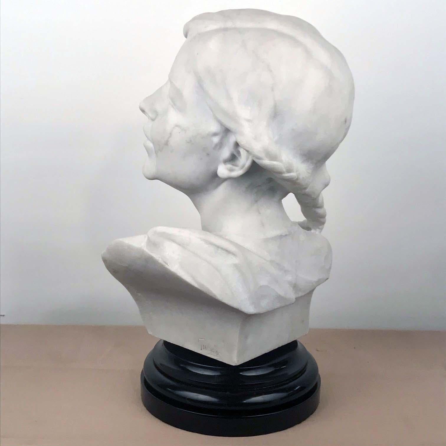 Italian Marble Bust of a Smiling Young Woman, Signed Tiruk For Sale 5