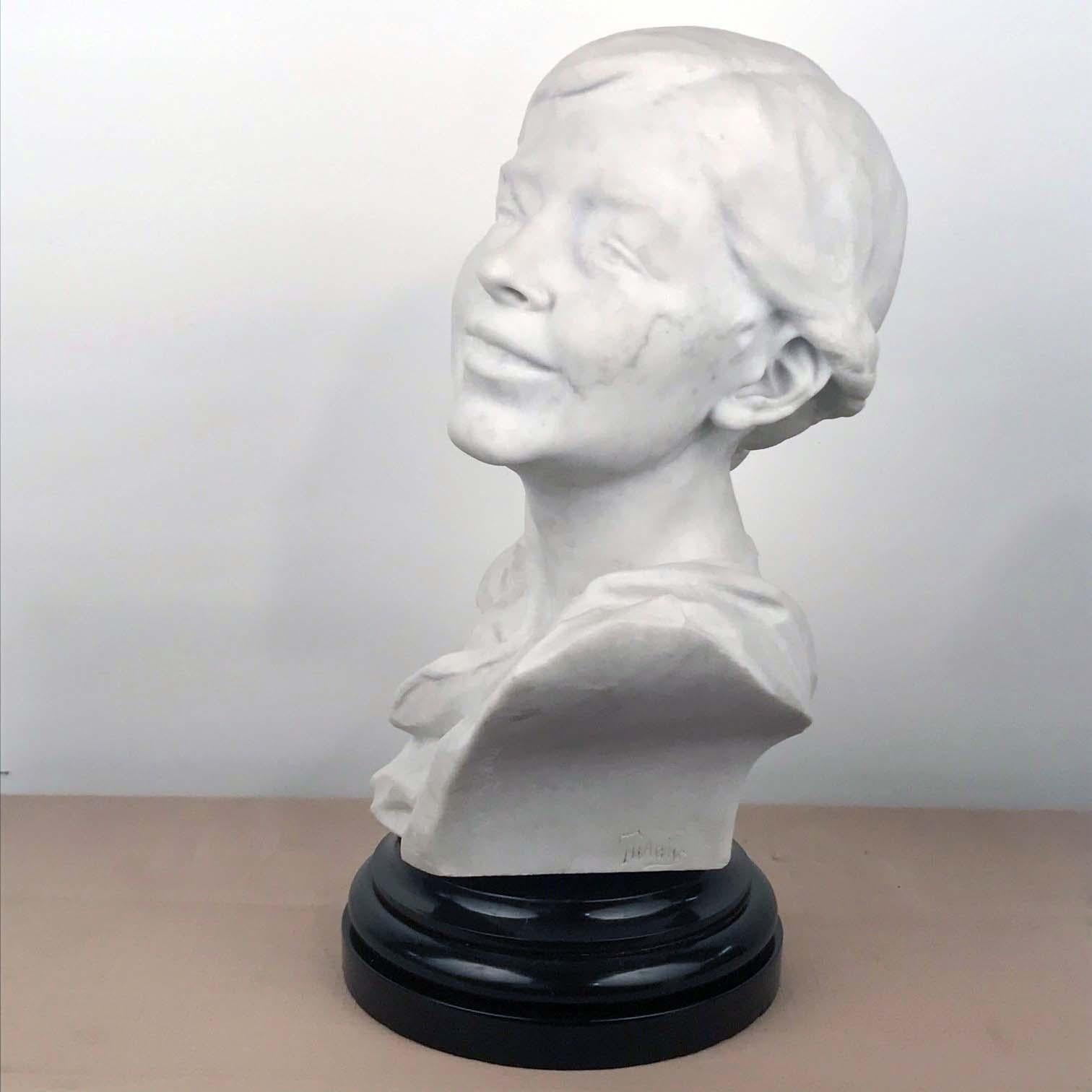 Italian Marble Bust of a Smiling Young Woman, Signed Tiruk For Sale 6