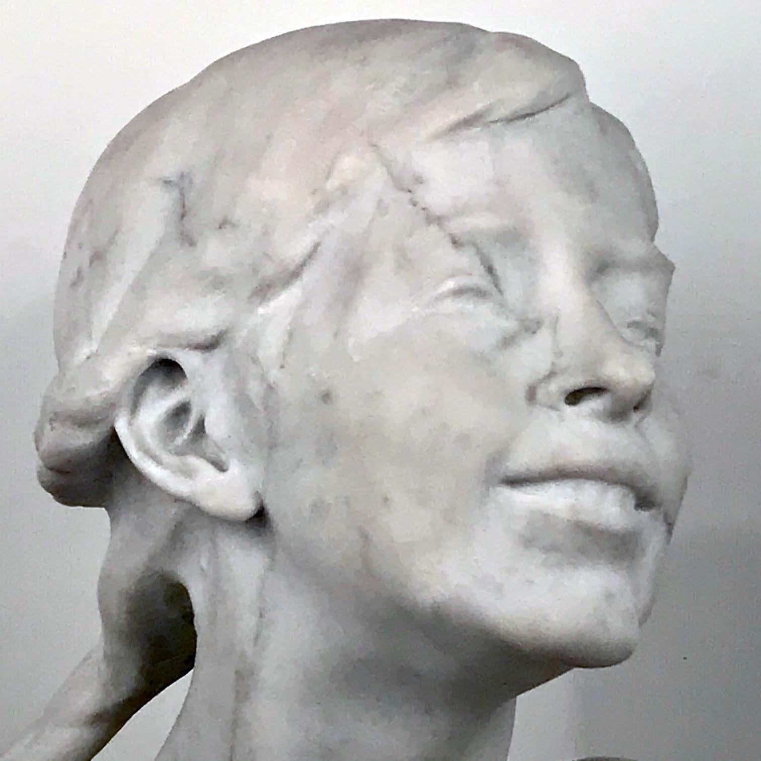 This bust sensitively captures the beauty and innocence of youth. Her thick hair is worn in a single braid; her head is thrown back as she laughs. The sculptor, who signs indistinctly, is clearly very competent. It is difficult to date, I would