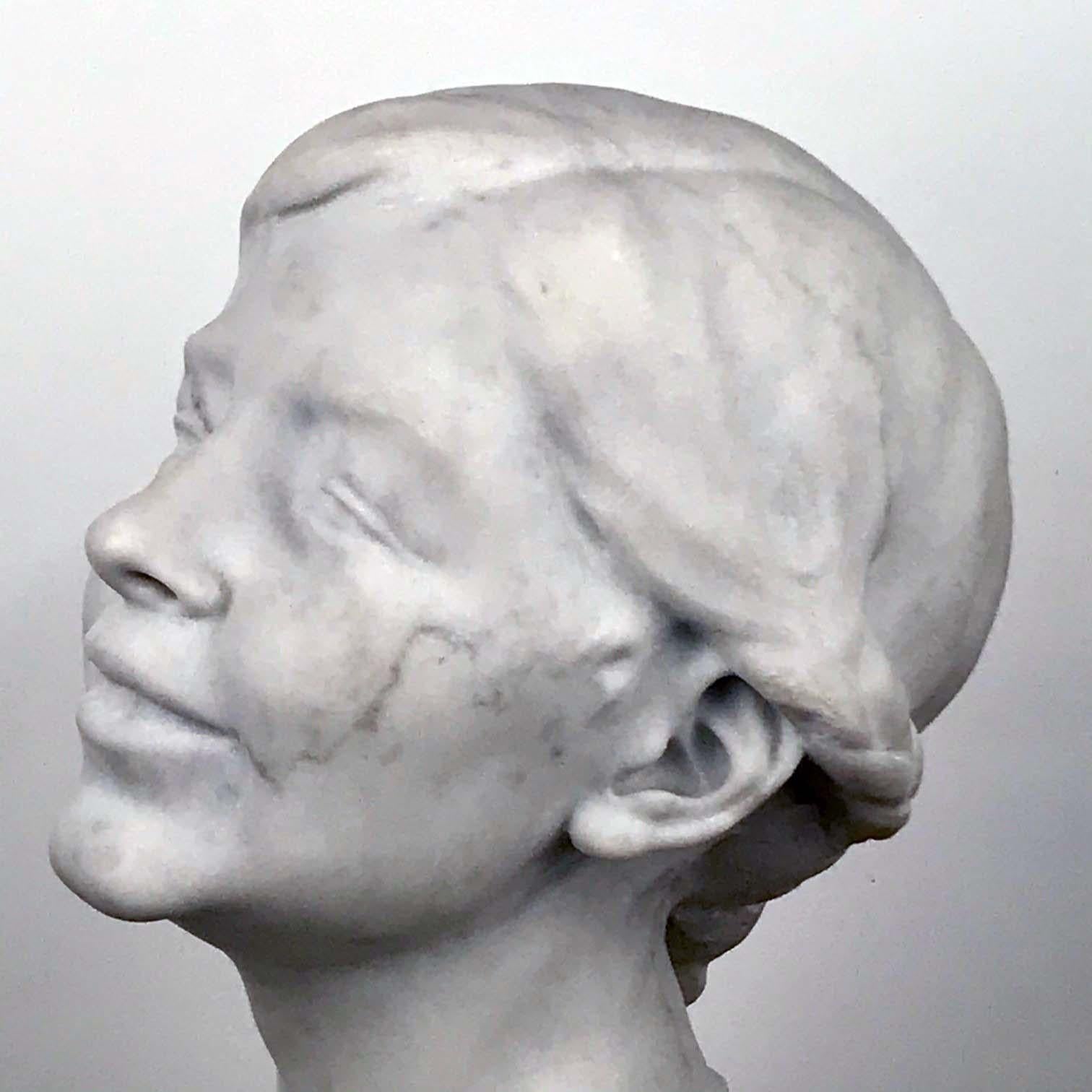 Hand-Carved Italian Marble Bust of a Smiling Young Woman, Signed Tiruk For Sale