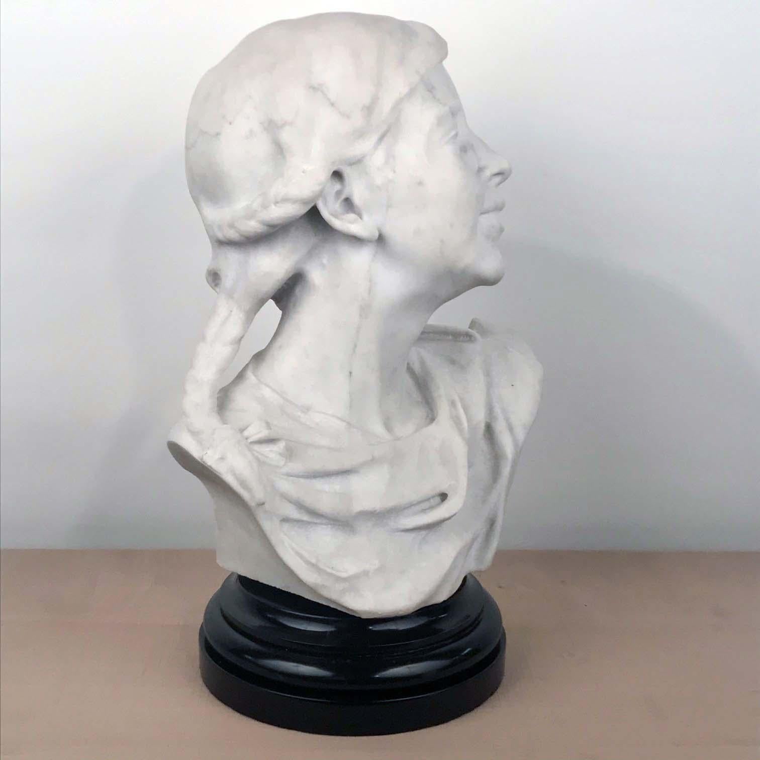 20th Century Italian Marble Bust of a Smiling Young Woman, Signed Tiruk For Sale