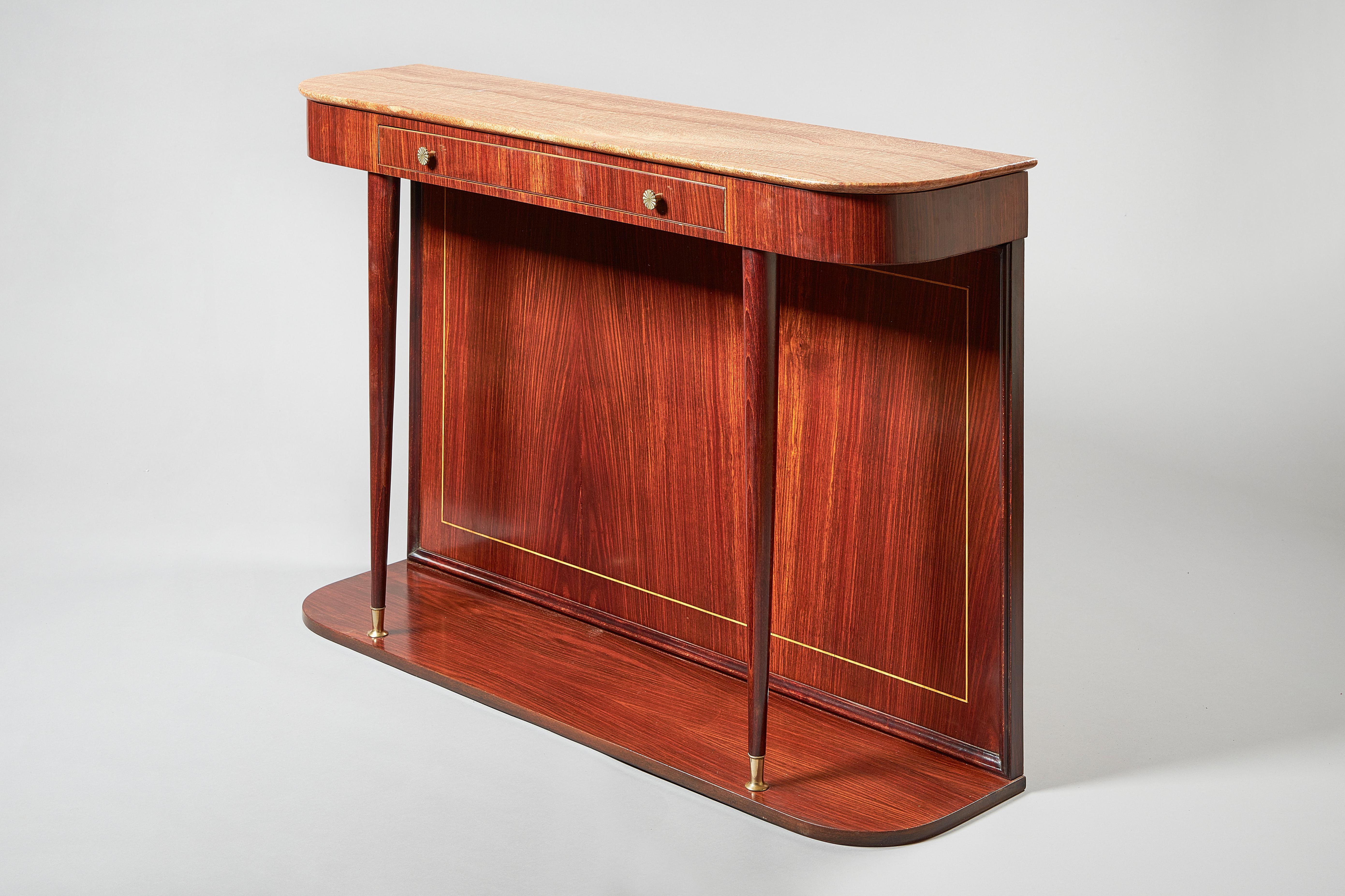 A midcentury Italian marble mounted and line inlaid rosewood console table, circa 1940, with frieze drawer above tapering front legs with brass end pieces.