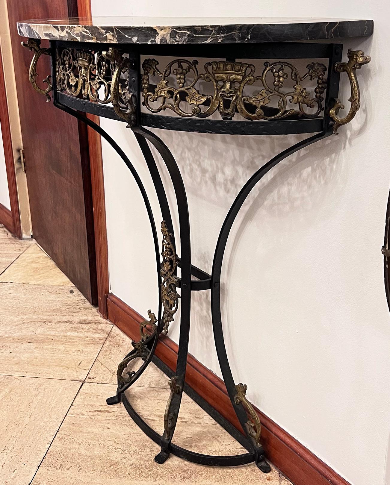Bronze Italian Marble Top Iron Console For Sale