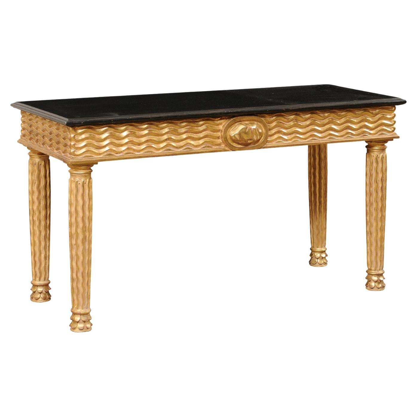Italian Masterfully Hand-Carved Wooden Console Table with Real Gold Leafing For Sale