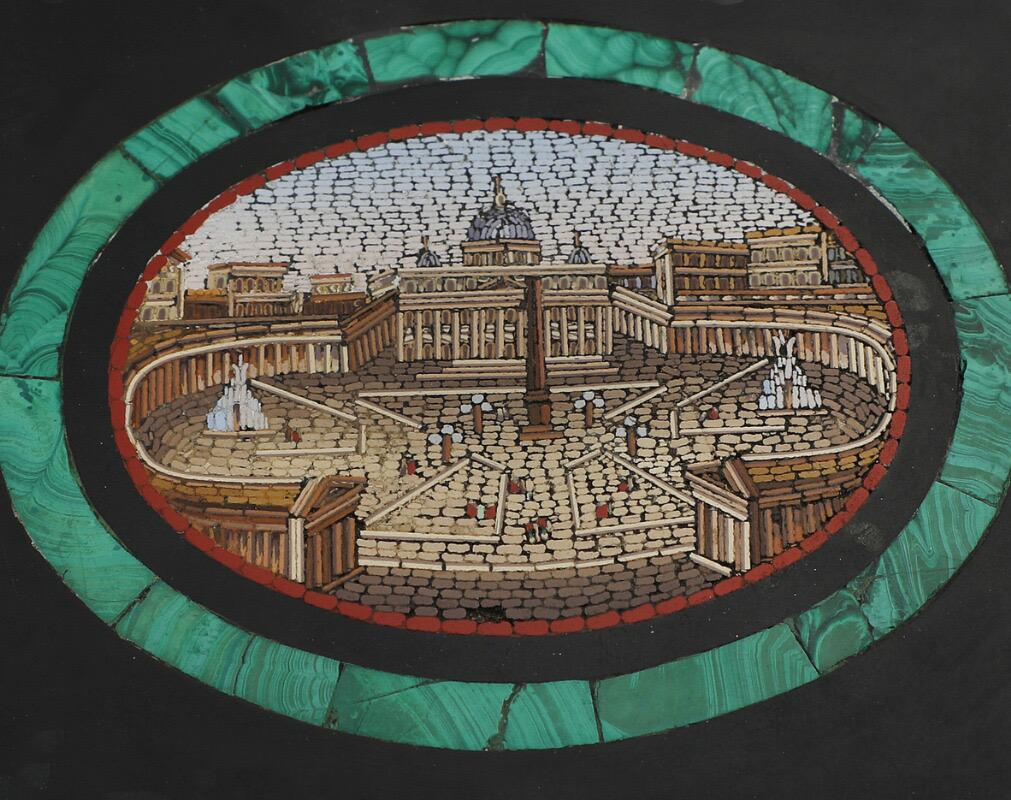 An Italian 19th century micromosaic, malachite, and black marble paperweight with a view of St Peter's Square and Basilica in Rome. A Grand Tour object.
  