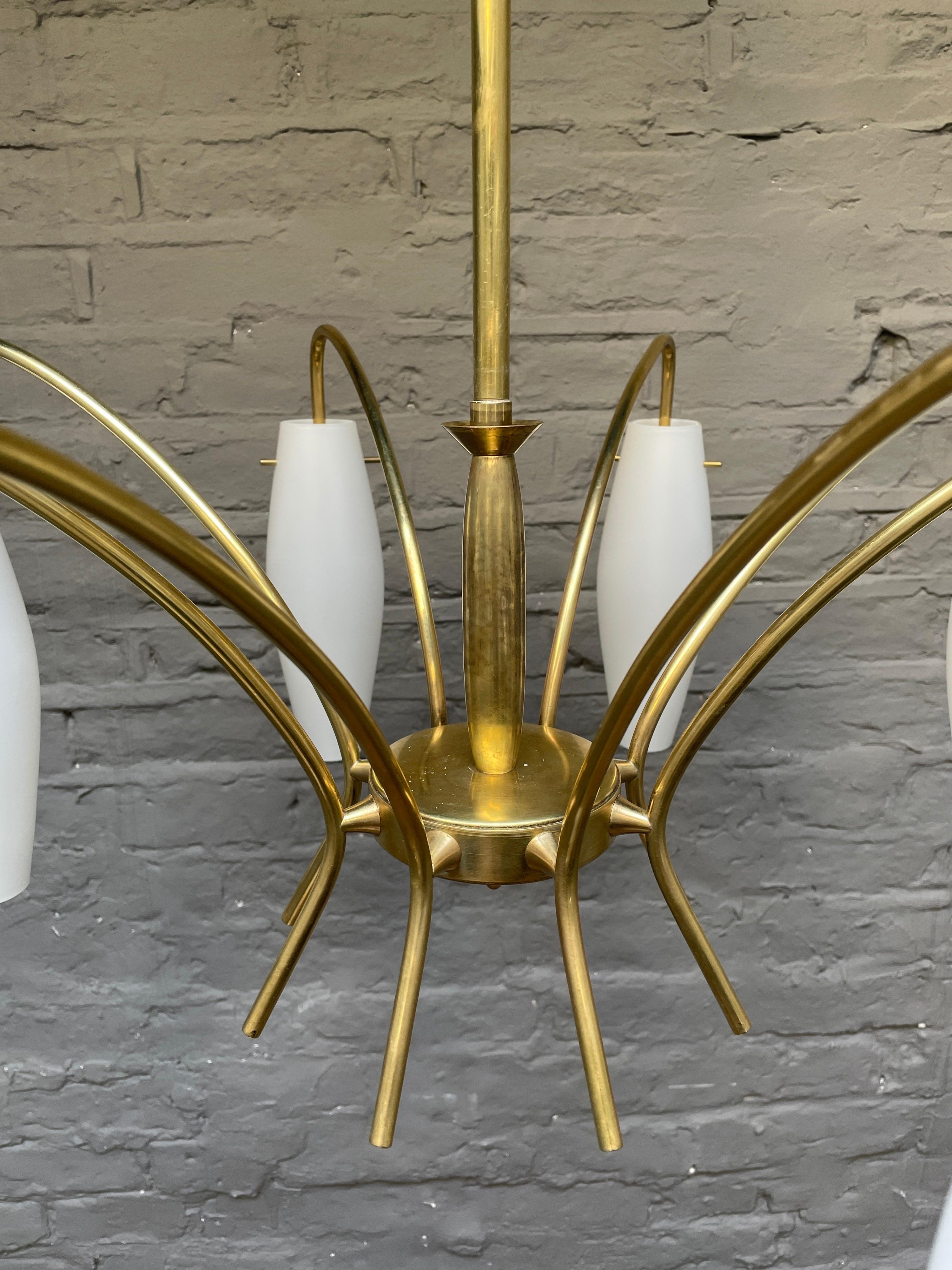 Italian Midcentury Brass and Opaque Glass Chandelier 5