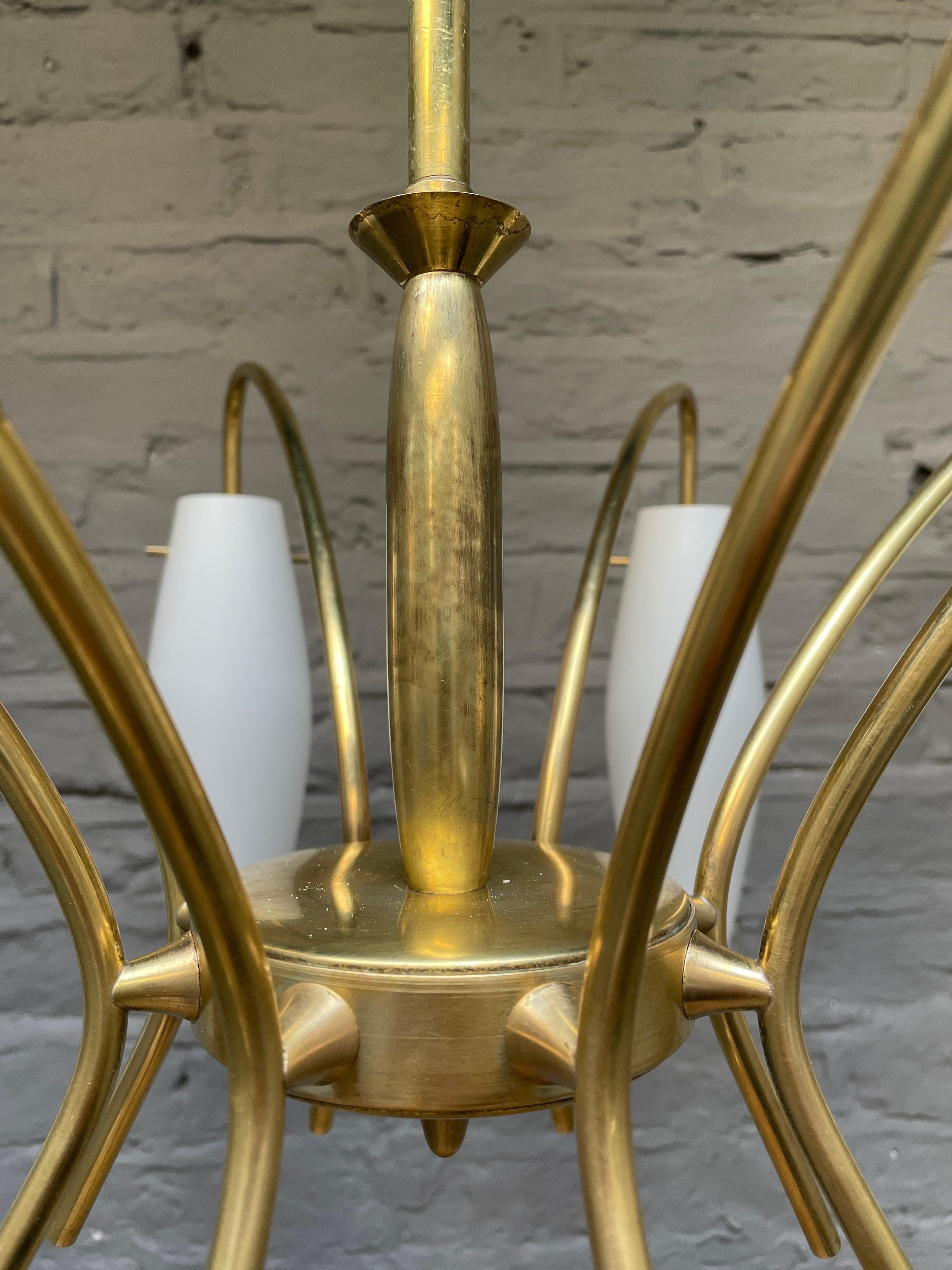 20th Century Italian Midcentury Brass and Opaque Glass Chandelier