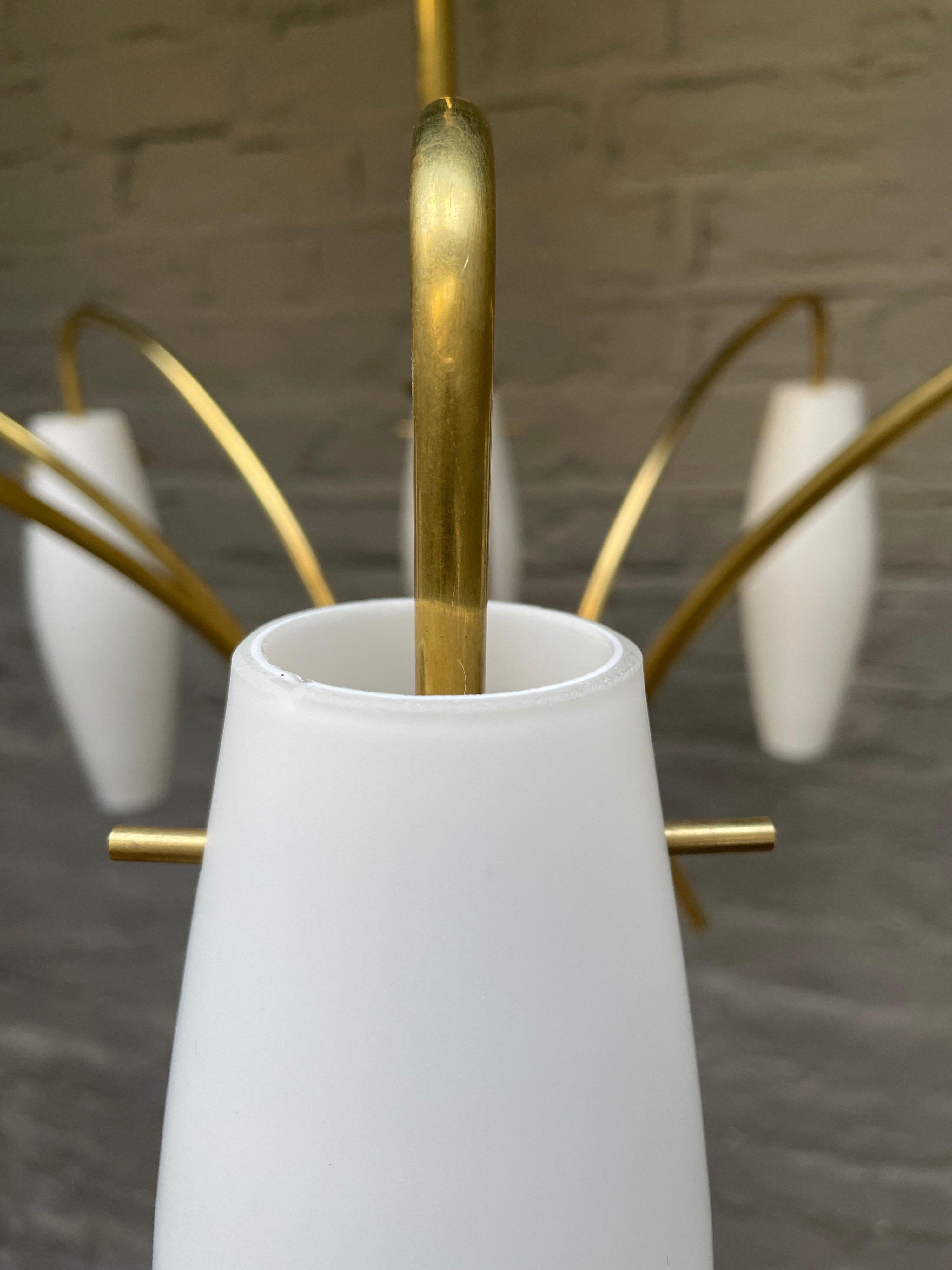 Italian Midcentury Brass and Opaque Glass Chandelier 3