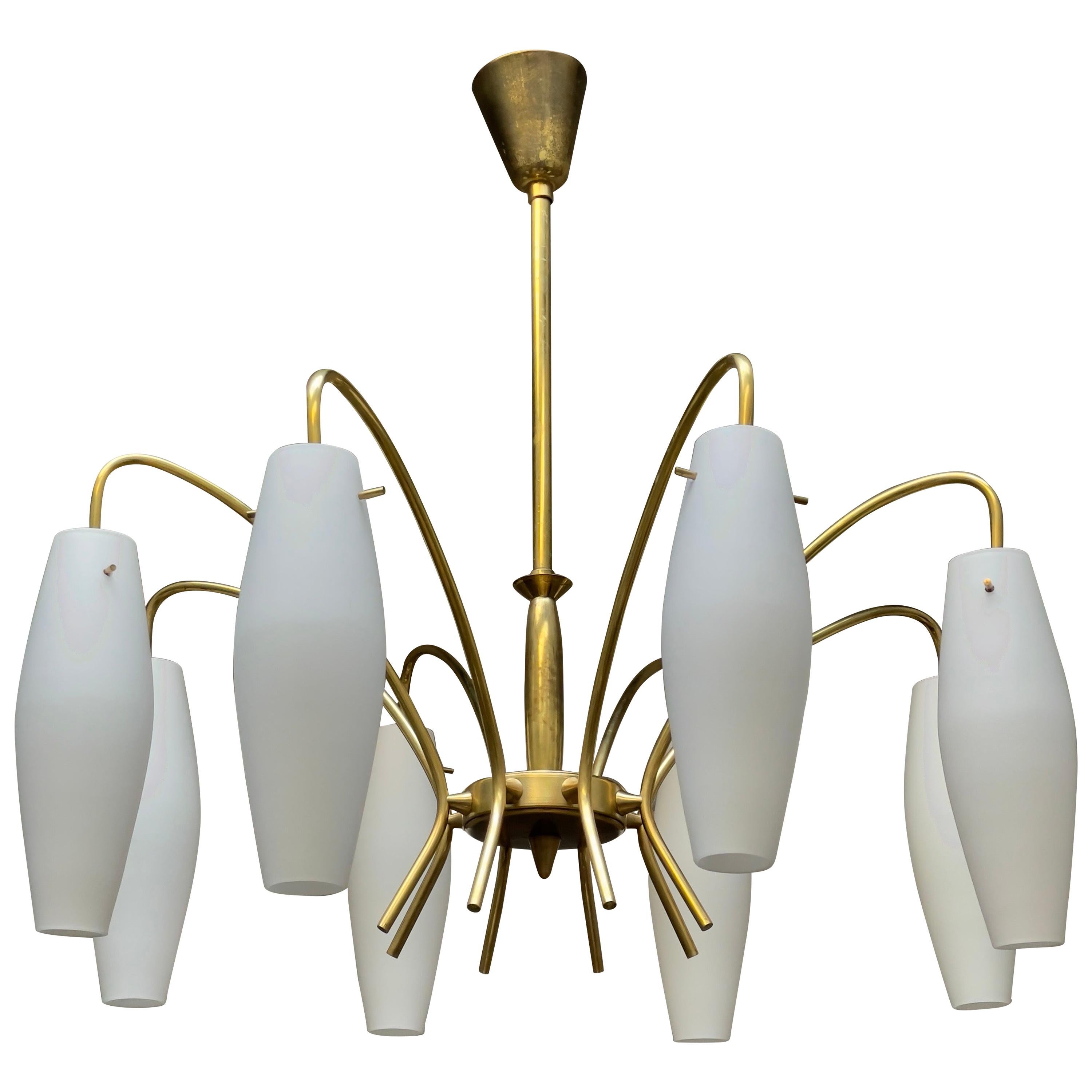 Italian Midcentury Brass and Opaque Glass Chandelier