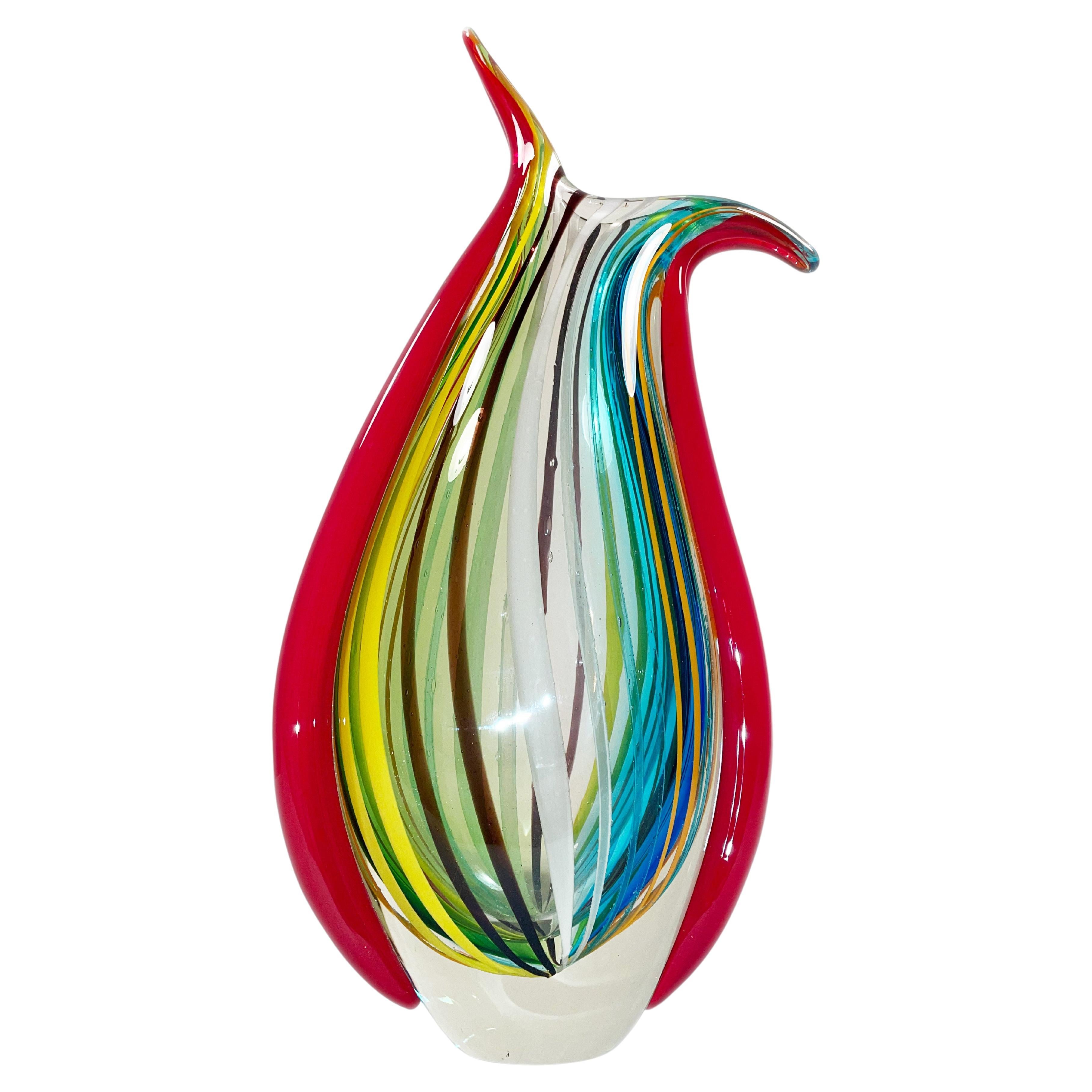 Italian Mid-Century Modern Applied and Decorated Murano Large Art Glass Vase  For Sale