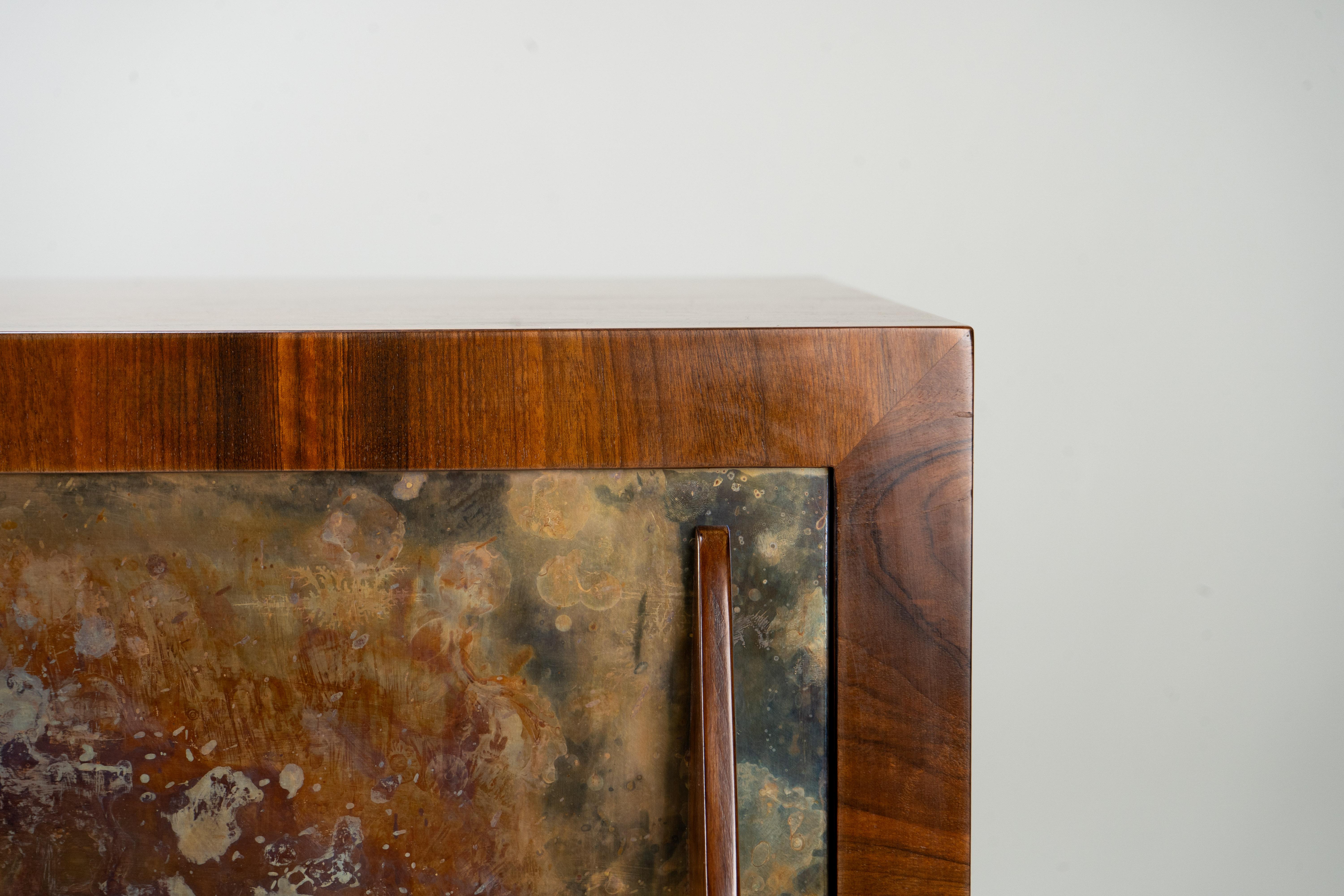 An Italian Mid-Century Sideboard with Two Brass-Covered Doors and Three Drawers For Sale 6