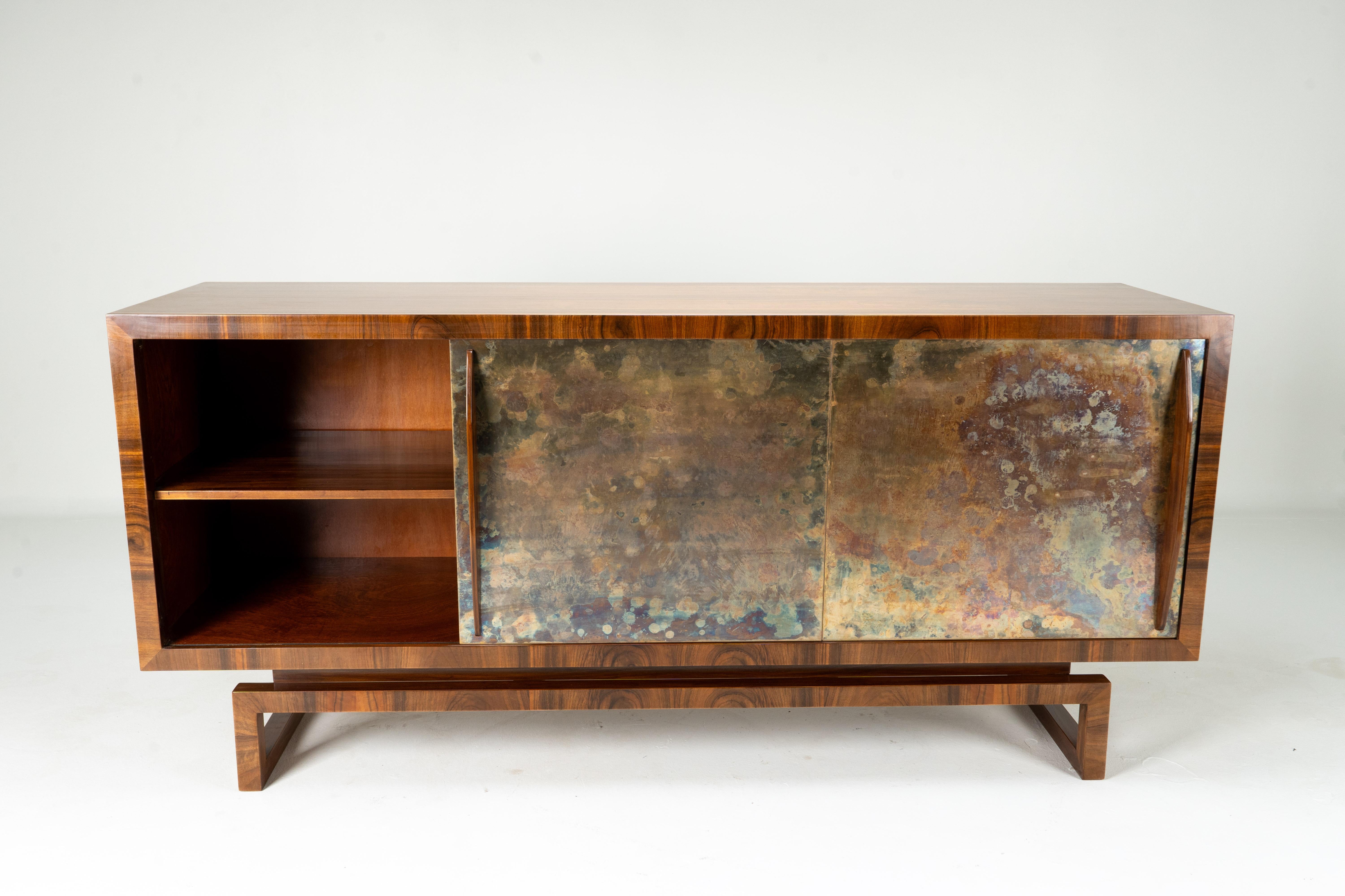 Mid-Century Modern An Italian Mid-Century Sideboard with Two Brass-Covered Doors and Three Drawers For Sale