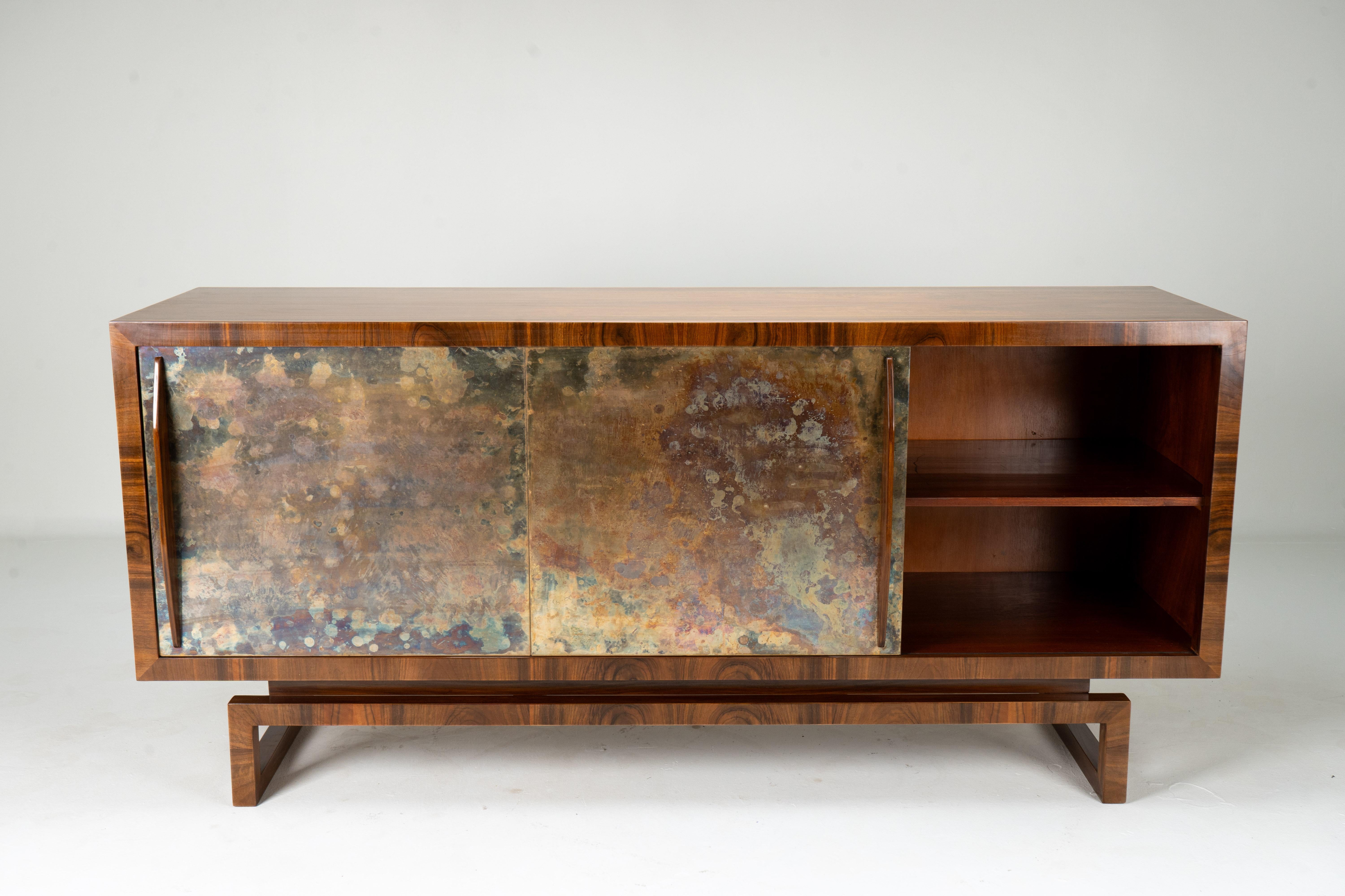 Veneer An Italian Mid-Century Sideboard with Two Brass-Covered Doors and Three Drawers For Sale