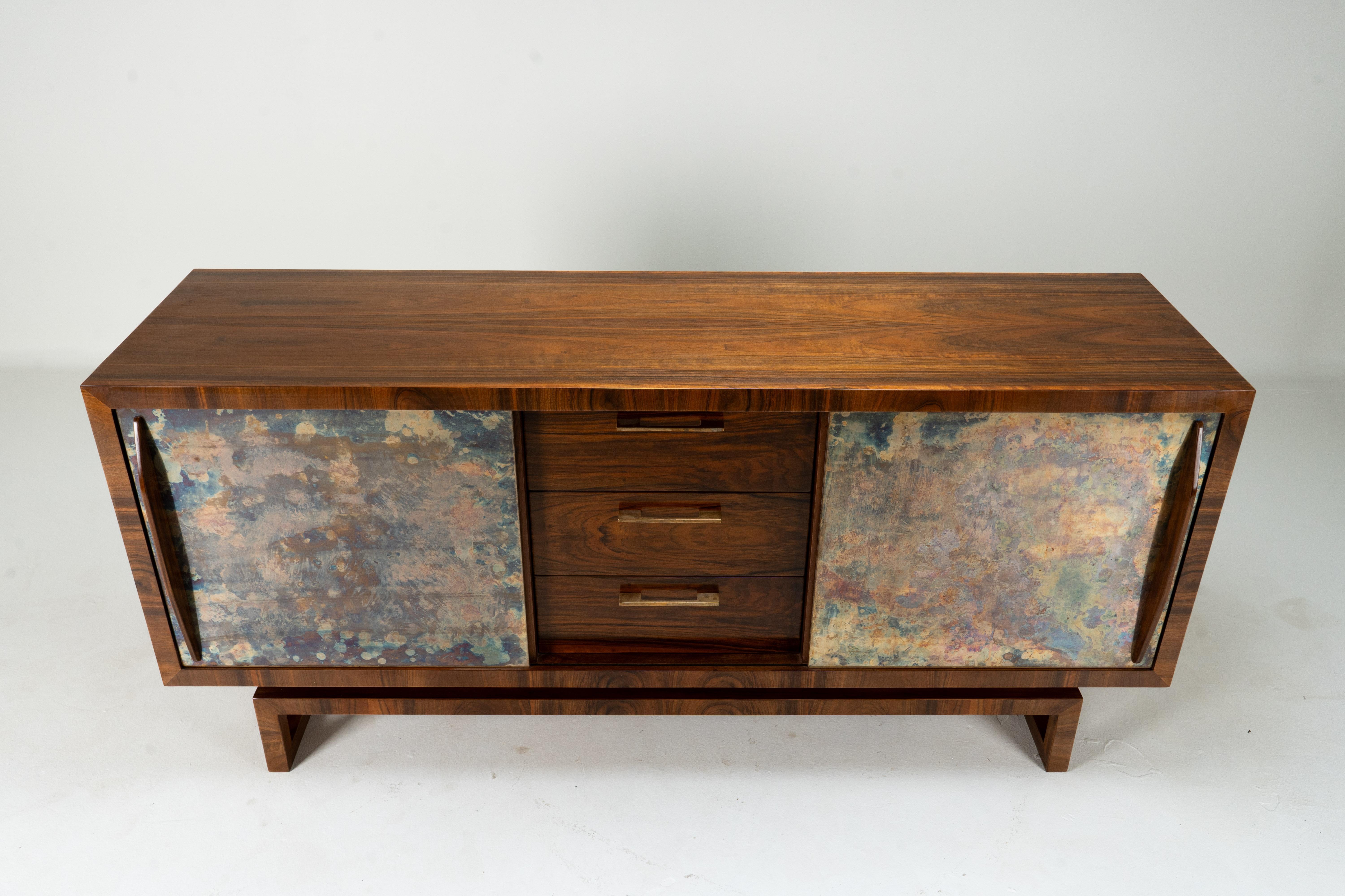 An Italian Mid-Century Sideboard with Two Brass-Covered Doors and Three Drawers In Good Condition For Sale In Chicago, IL