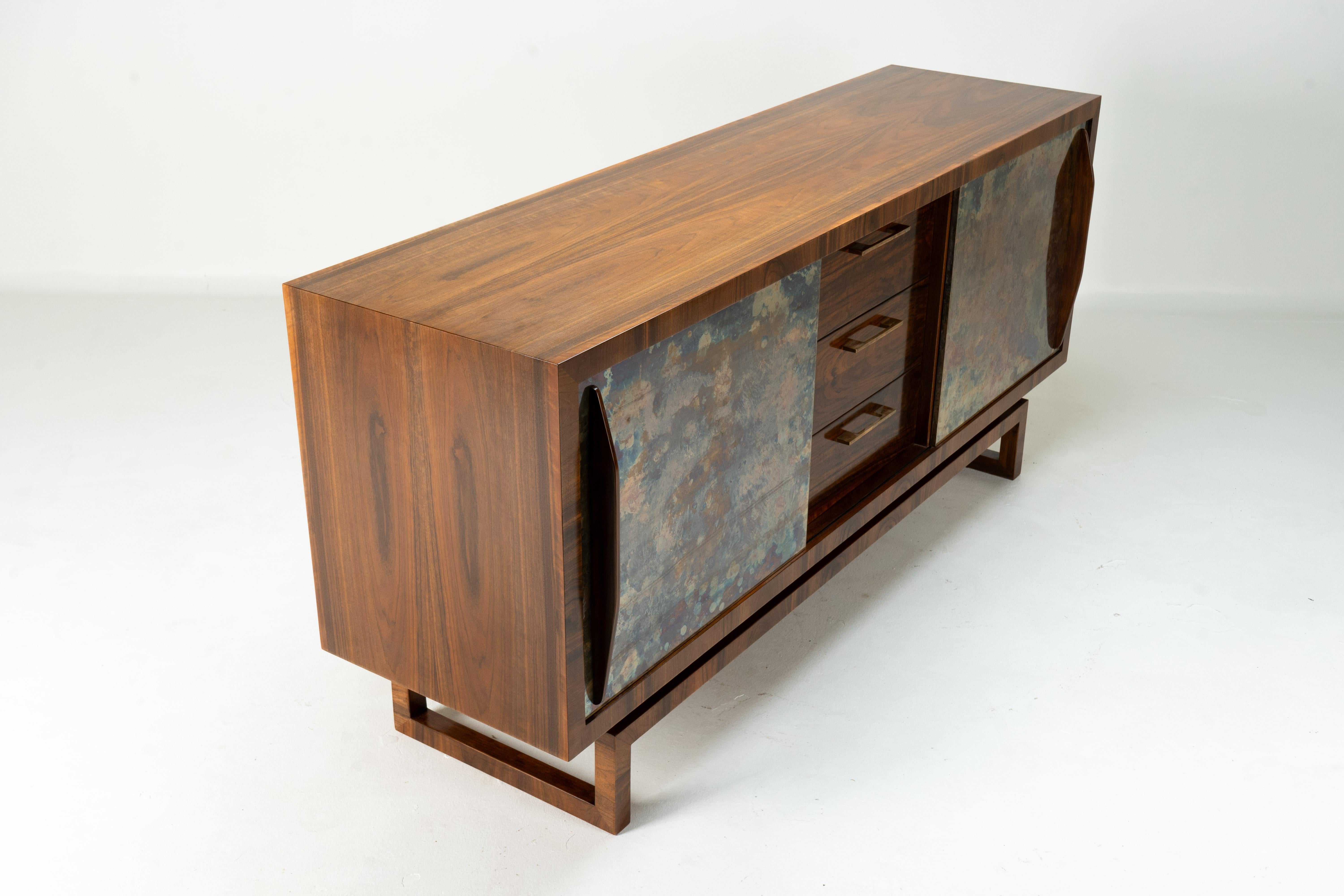 20th Century An Italian Mid-Century Sideboard with Two Brass-Covered Doors and Three Drawers For Sale