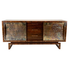 An Italian Mid-Century Sideboard with Two Brass-Covered Doors and Three Drawers