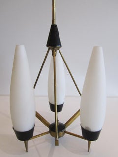 Italian Modern Brass, Glass and Enameled 3-Light Chandelier, Stilnovo