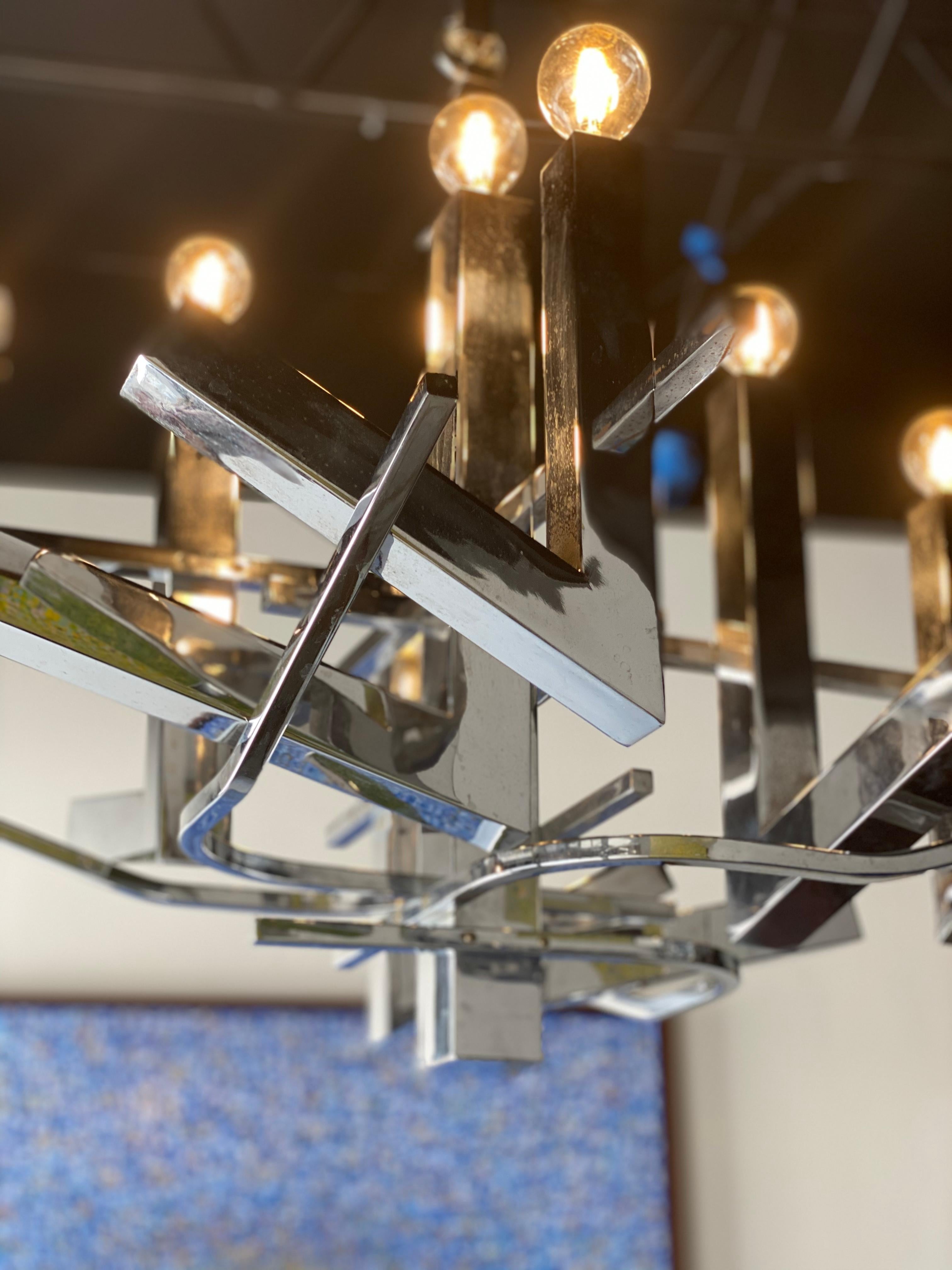 Cubist abstract multi light chandelier by Gaetano Sciolari- this model is of exceptional size and is finished in polished chrome.