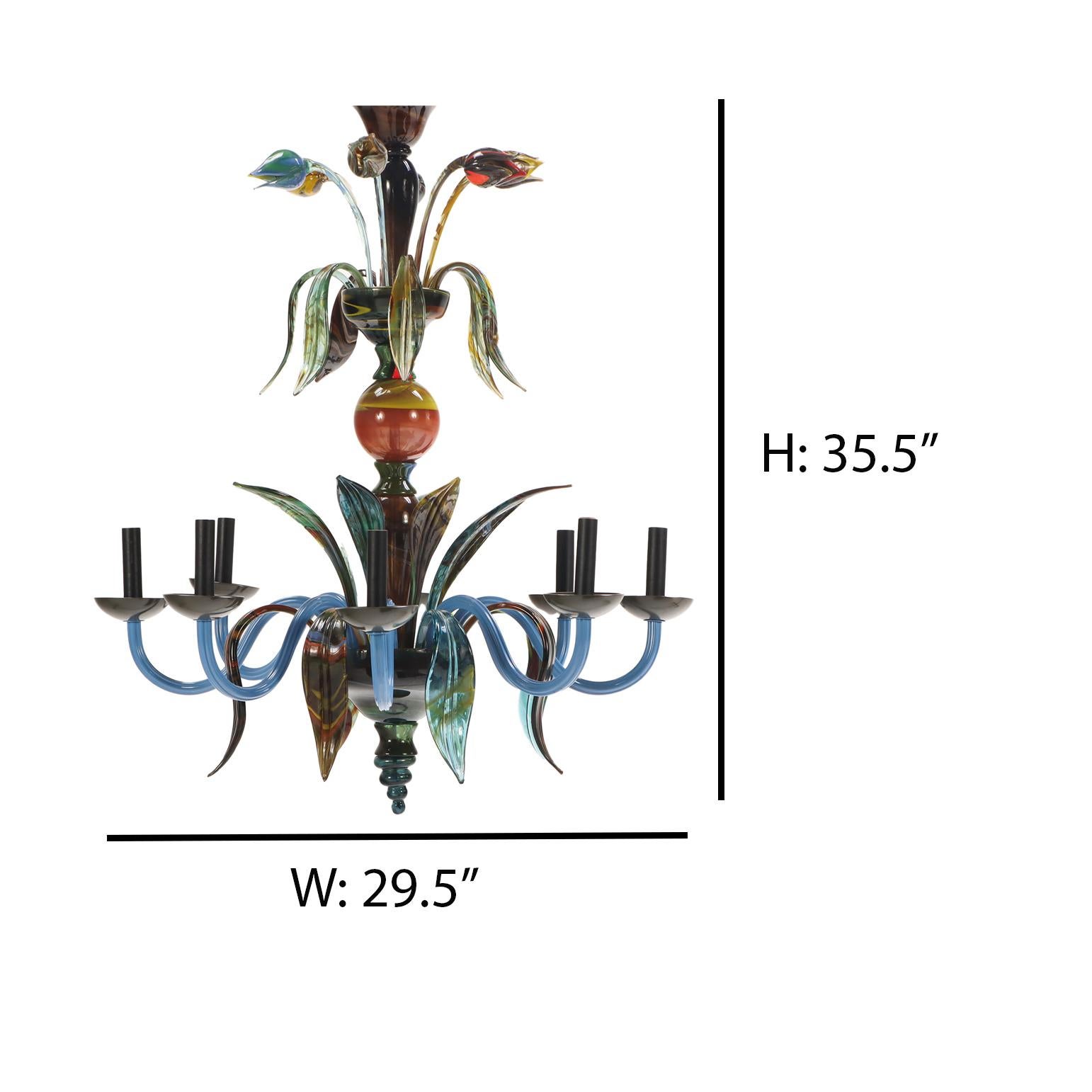 Ein italienischer 8-armiger Kronleuchter aus mehrfarbigem Murano-Glas, ca. 1985. (Metall) im Angebot