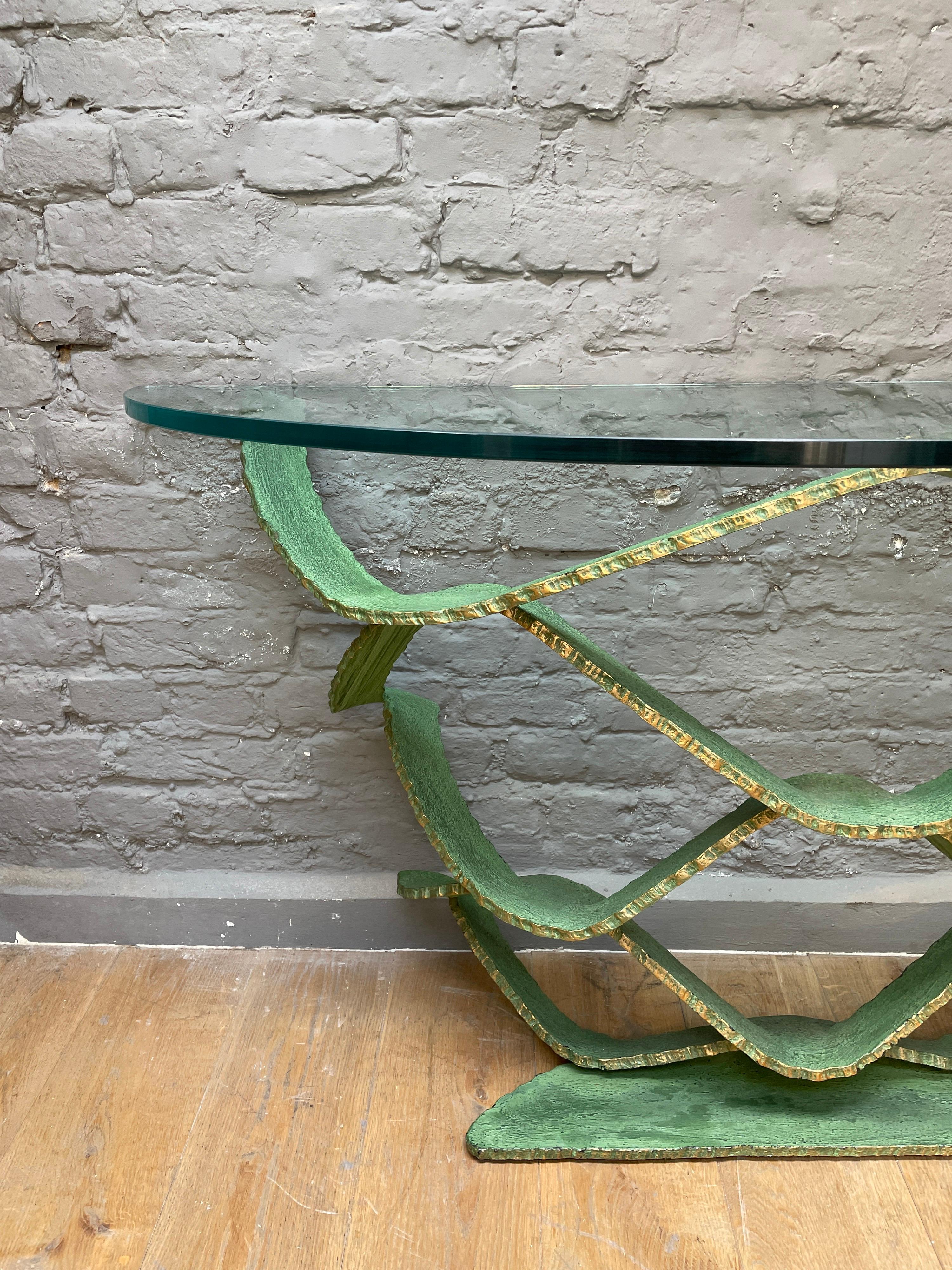Designed by Maurice Barlione for Reflex Italy, Circa 1980. Finished in Verdigris and gold gilt, with a thick glass plate top.