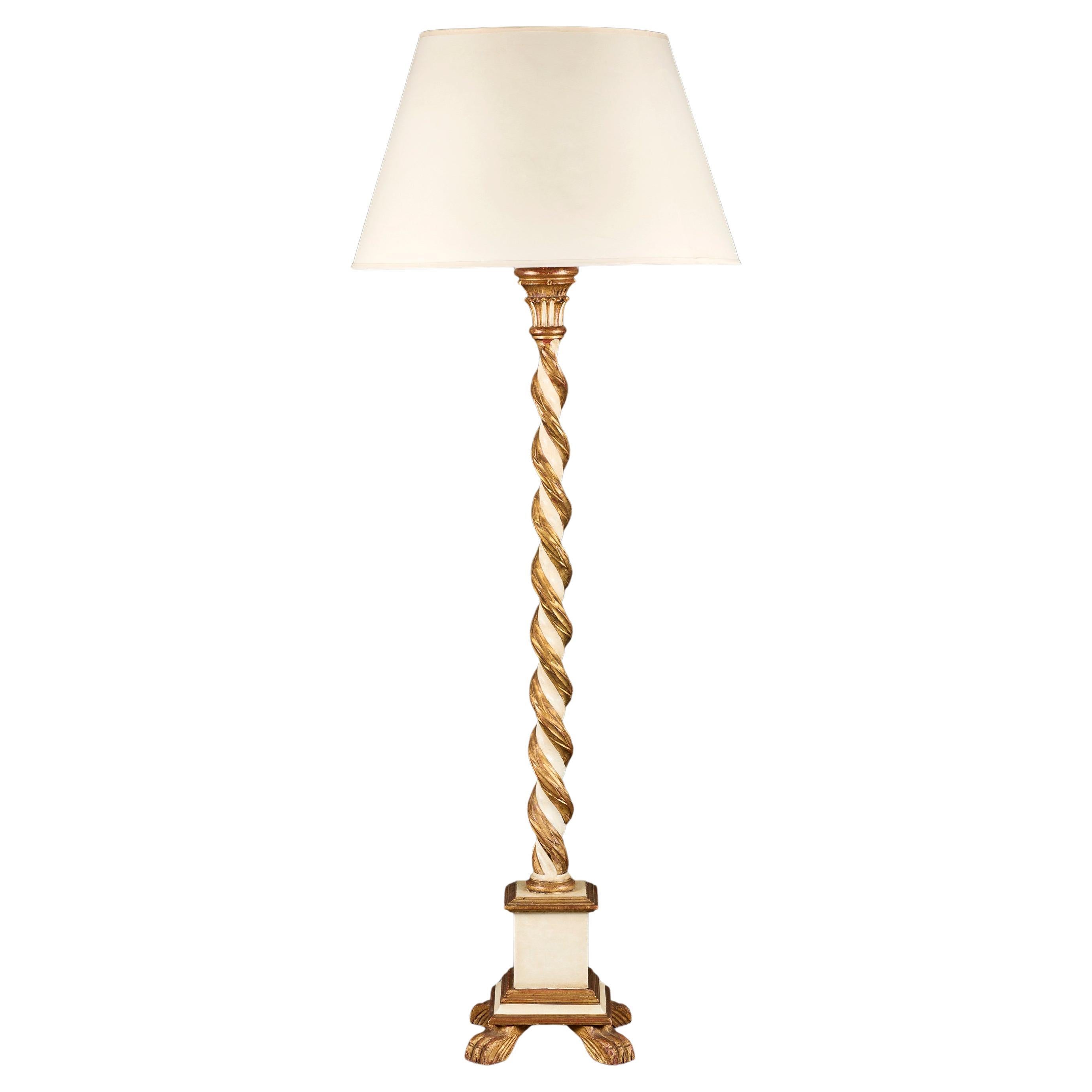An Italian Painted and Gilded Solomonic Column Standard Lamp For Sale