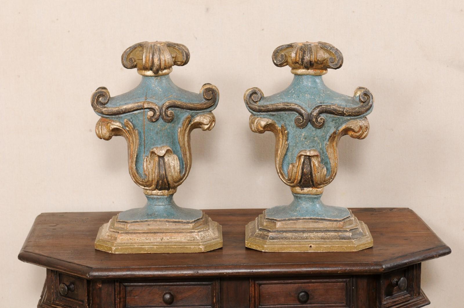 Italian Pair Decorative Table Top Urn-Shaped Carved & Painted Wood Fragments 6