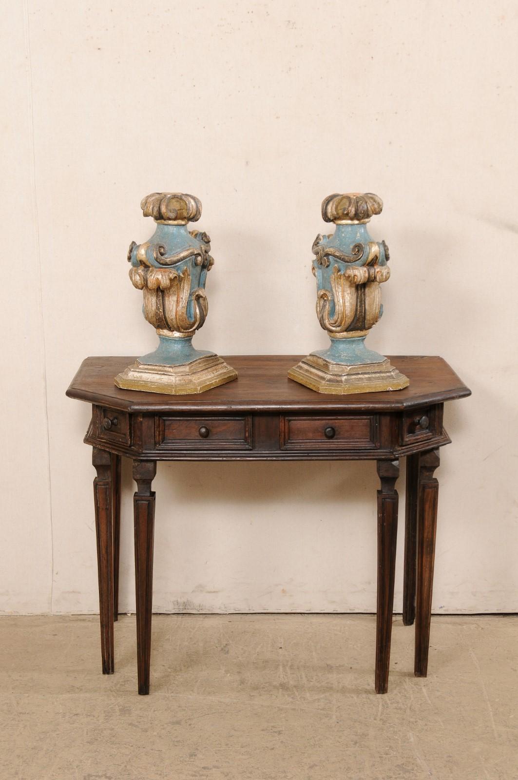 Italian Pair Decorative Table Top Urn-Shaped Carved & Painted Wood Fragments 7