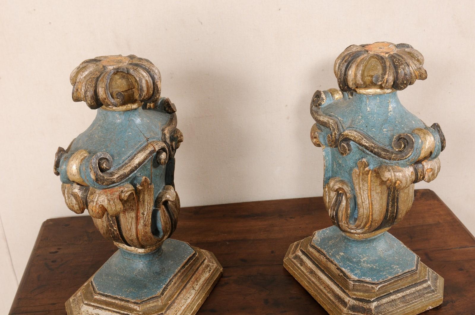 Italian Pair Decorative Table Top Urn-Shaped Carved & Painted Wood Fragments 8