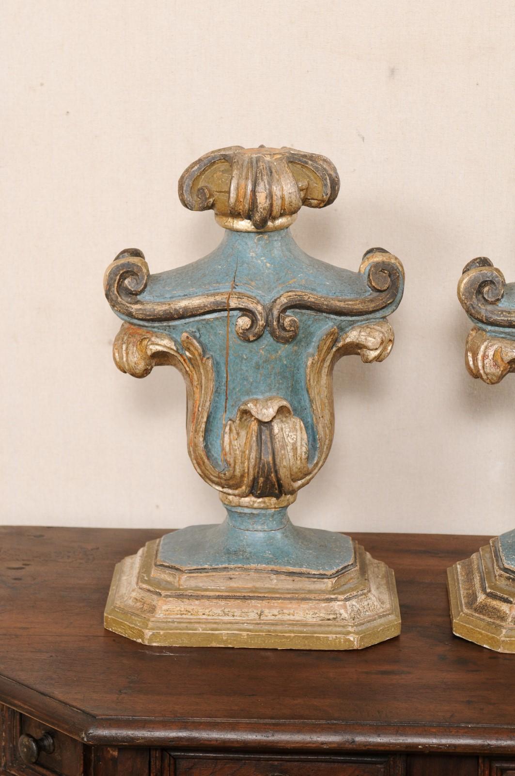 Italian Pair Decorative Table Top Urn-Shaped Carved & Painted Wood Fragments In Good Condition In Atlanta, GA