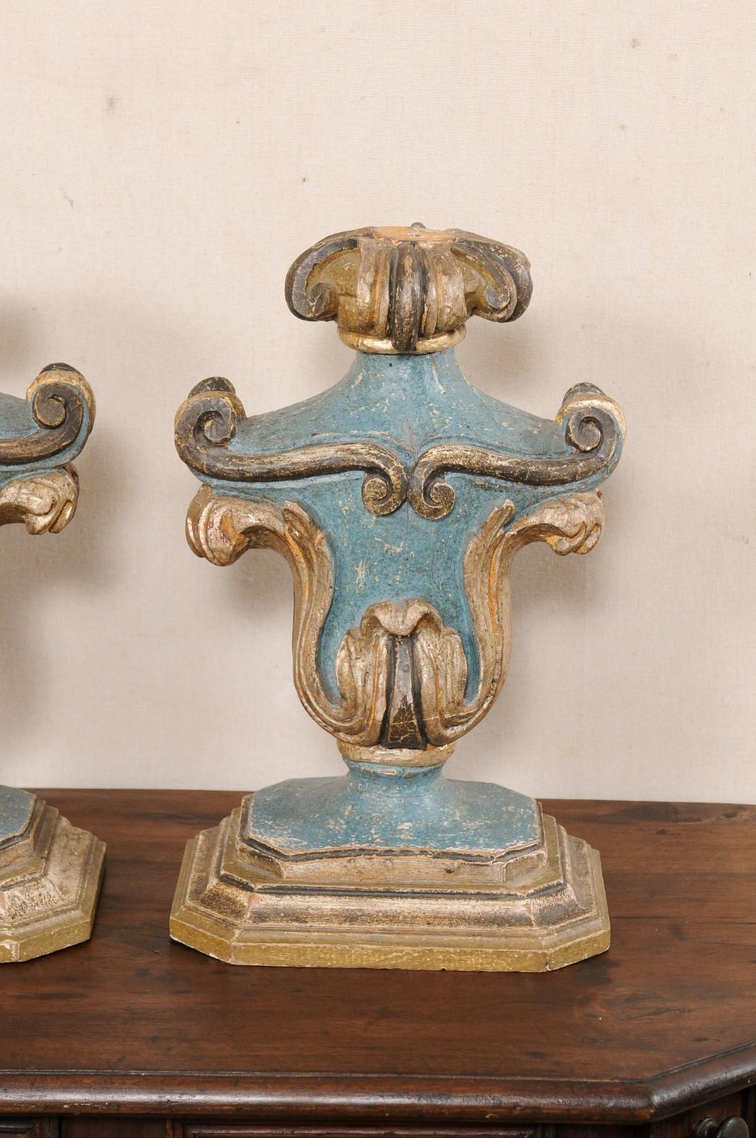 20th Century Italian Pair Decorative Table Top Urn-Shaped Carved & Painted Wood Fragments