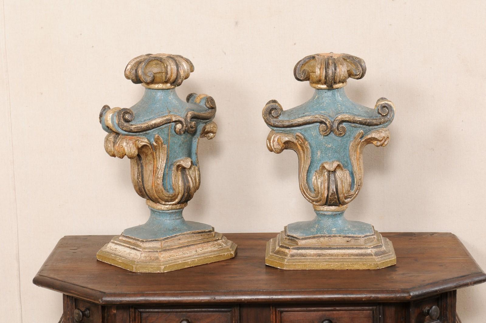 Italian Pair Decorative Table Top Urn-Shaped Carved & Painted Wood Fragments 1