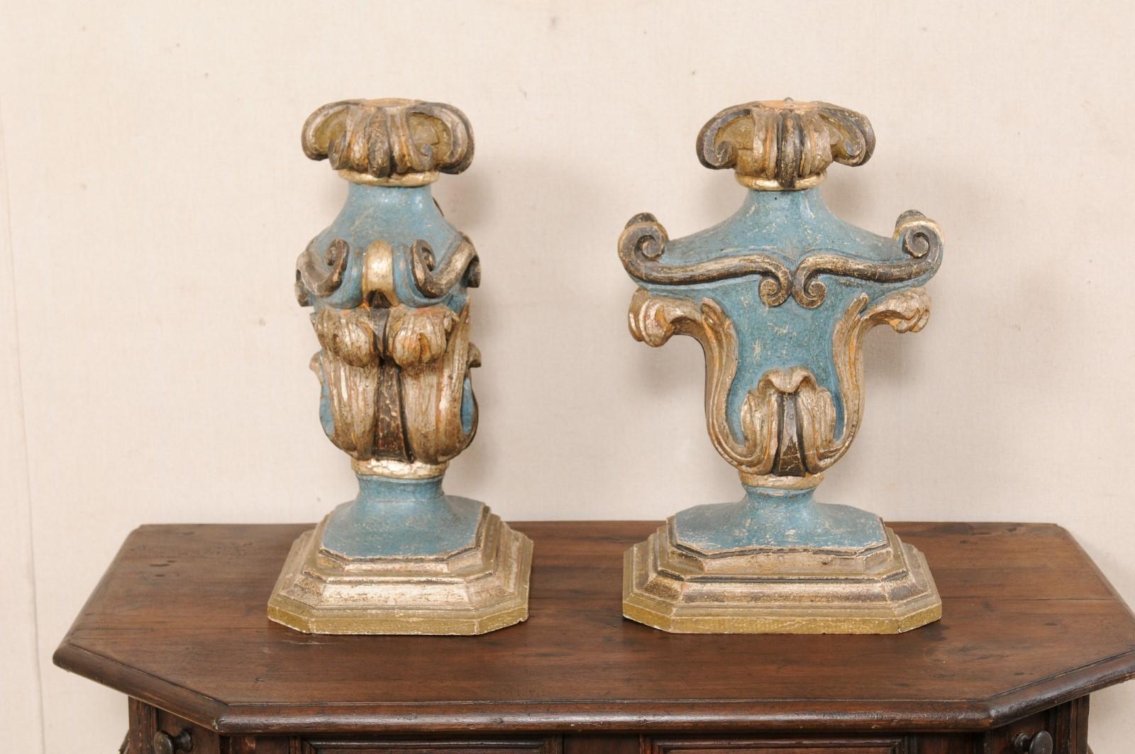 Italian Pair Decorative Table Top Urn-Shaped Carved & Painted Wood Fragments 2