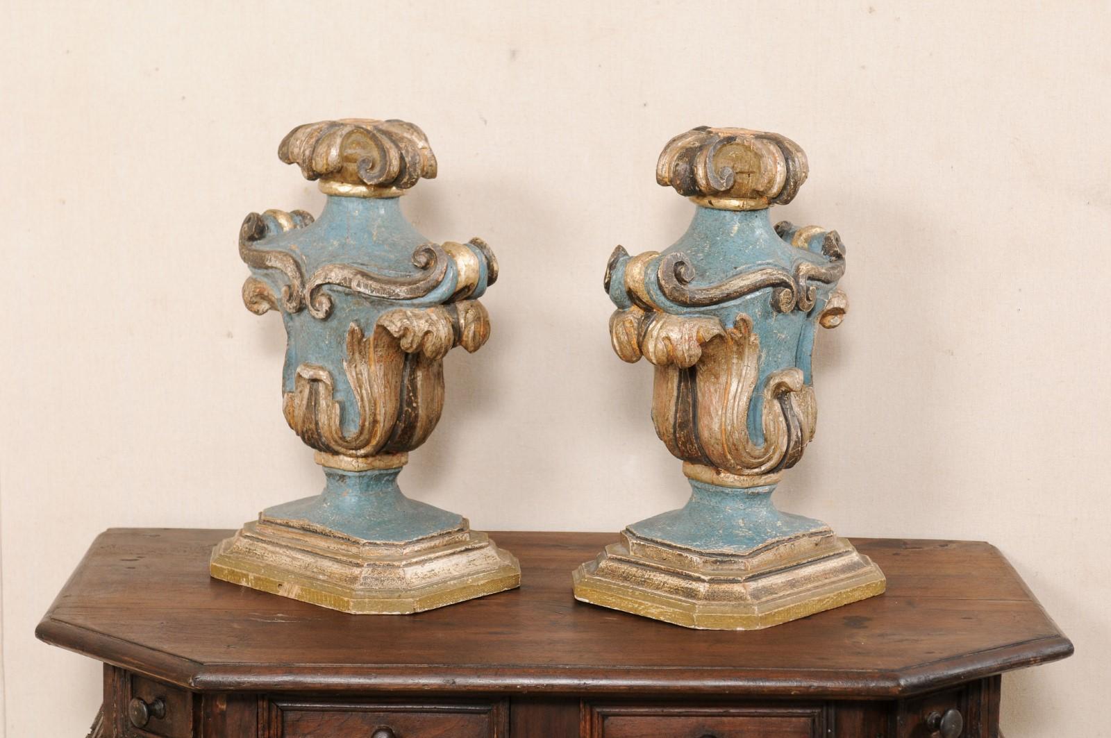 Italian Pair Decorative Table Top Urn-Shaped Carved & Painted Wood Fragments 3