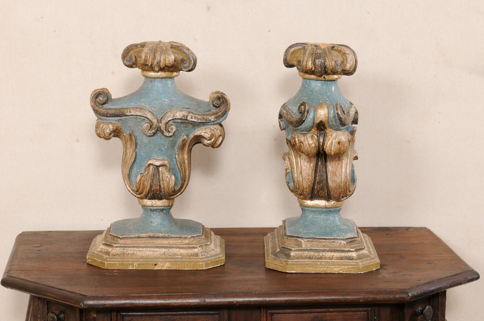 Italian Pair Decorative Table Top Urn-Shaped Carved & Painted Wood Fragments 4