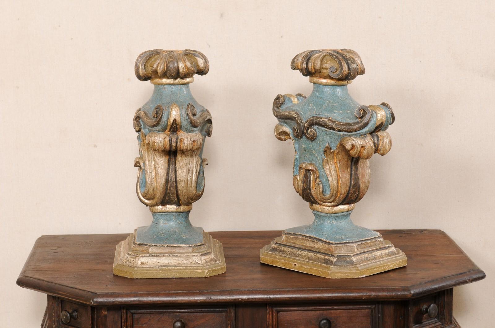 Italian Pair Decorative Table Top Urn-Shaped Carved & Painted Wood Fragments 5