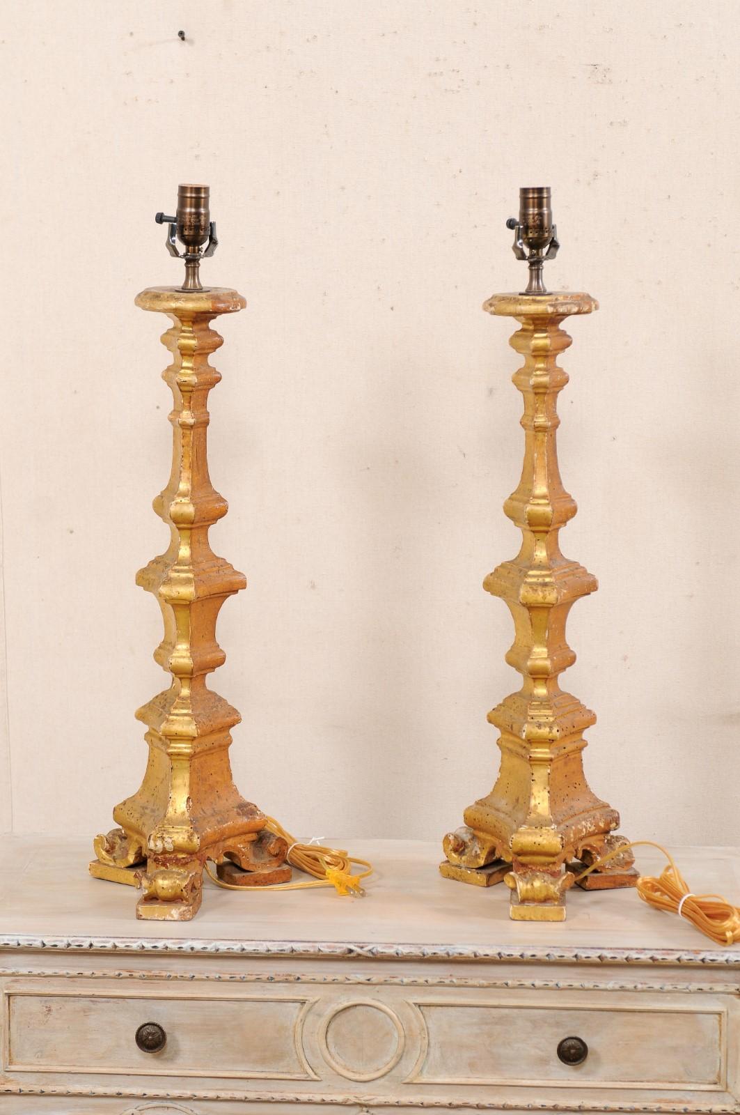 Italian Pair of 19th C. Candlestick Carved Table Lamps with Gilt Finish For Sale 5