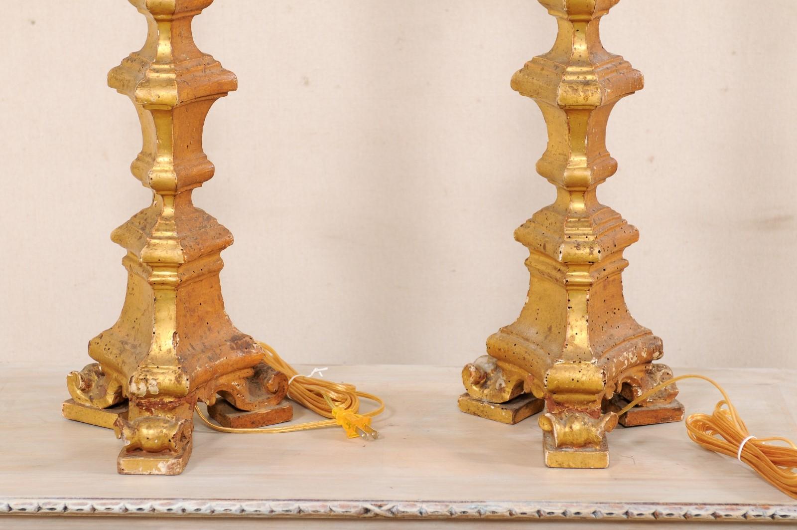 Italian Pair of 19th C. Candlestick Carved Table Lamps with Gilt Finish For Sale 6