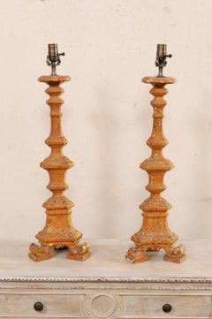 Italian Pair of 19th C. Candlestick Carved Table Lamps with Gilt Finish