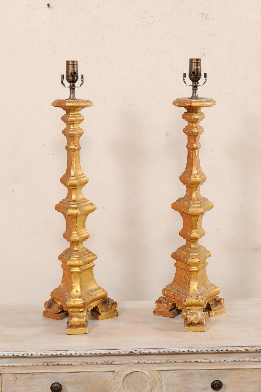 Italian Pair of 19th C. Candlestick Carved Table Lamps with Gilt Finish In Good Condition For Sale In Atlanta, GA