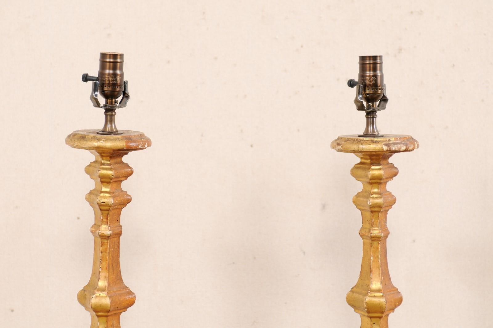 19th Century Italian Pair of 19th C. Candlestick Carved Table Lamps with Gilt Finish For Sale