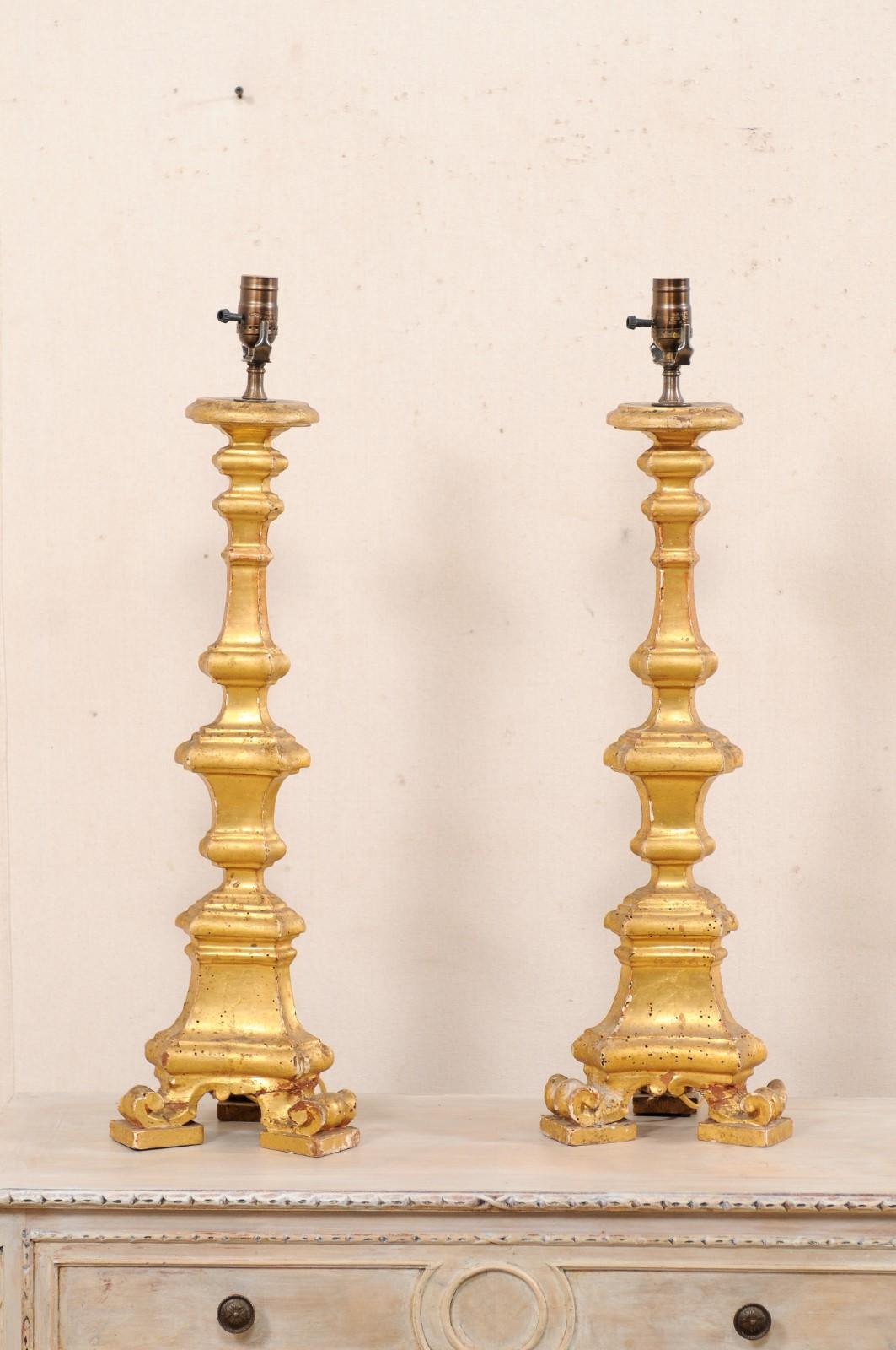 Giltwood Italian Pair of 19th C. Candlestick Carved Table Lamps with Gilt Finish For Sale