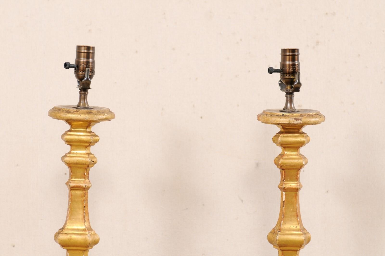 Italian Pair of 19th C. Candlestick Carved Table Lamps with Gilt Finish For Sale 1