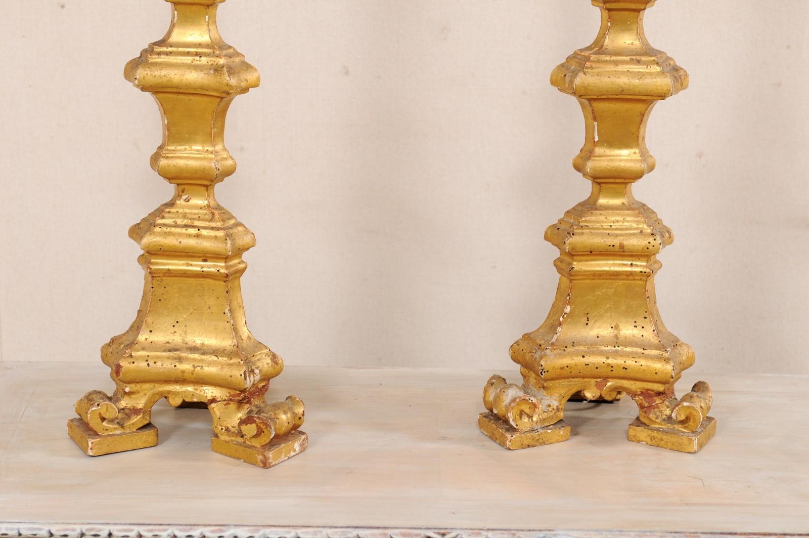 Italian Pair of 19th C. Candlestick Carved Table Lamps with Gilt Finish For Sale 2