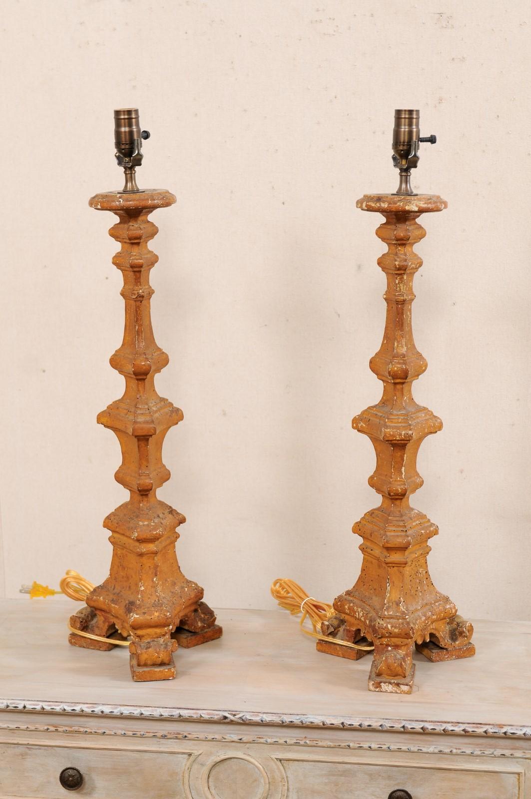 Italian Pair of 19th C. Candlestick Carved Table Lamps with Gilt Finish For Sale 3