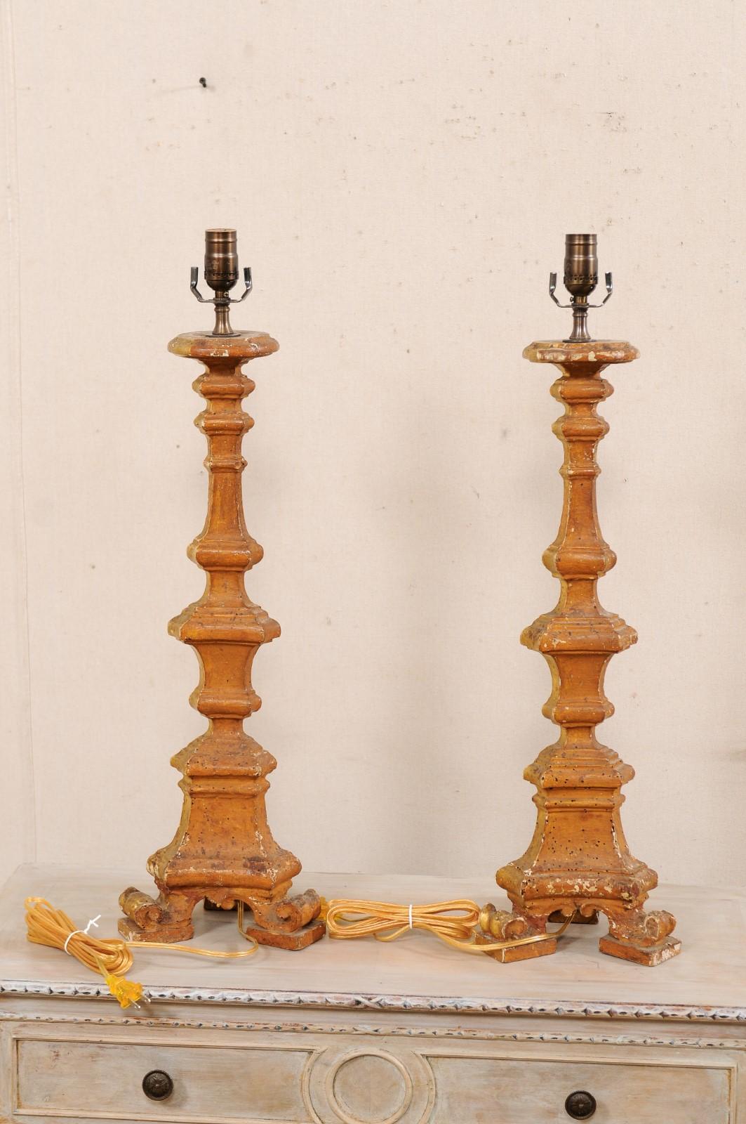 Italian Pair of 19th C. Candlestick Carved Table Lamps with Gilt Finish For Sale 4