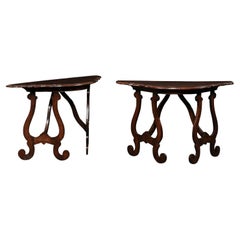 An Italian Pair of 19th C. Carved Lyre-Leg Demi-Lune Console Tables