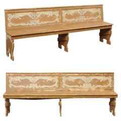 An Italian Pair of 8 Foot Long Painted Wood Benches w/Backs, 19th Century